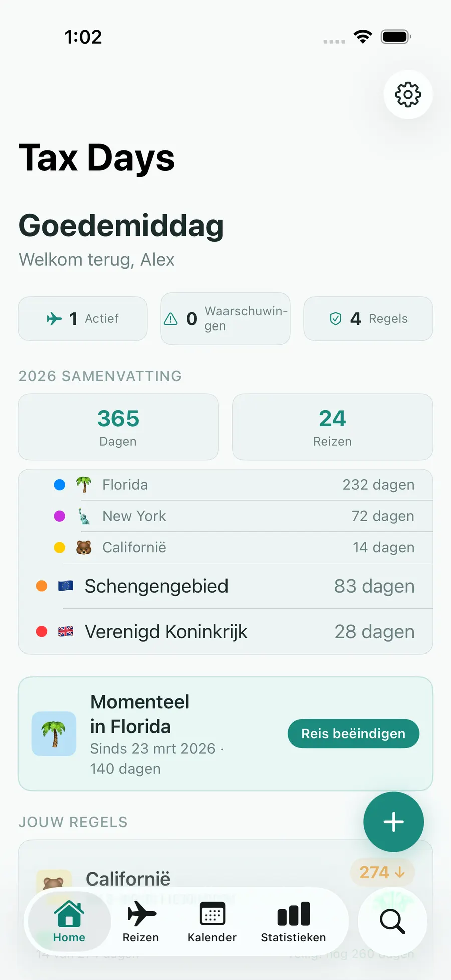 Tax Days home screen with per-jurisdiction day counts and status
