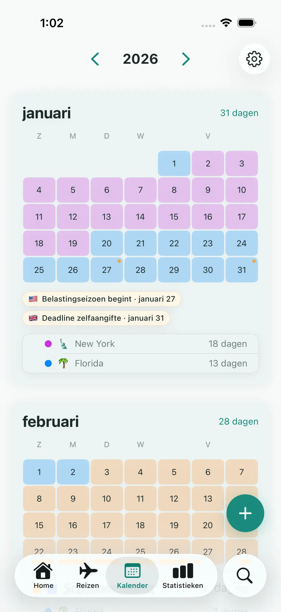 Tax Days yearly calendar with trips highlighted