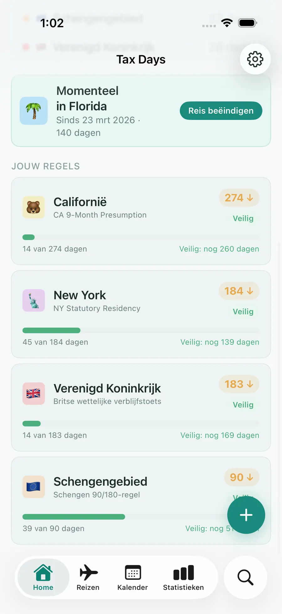 Tax Days rules list showing the Schengen 90/180 rolling-window progress