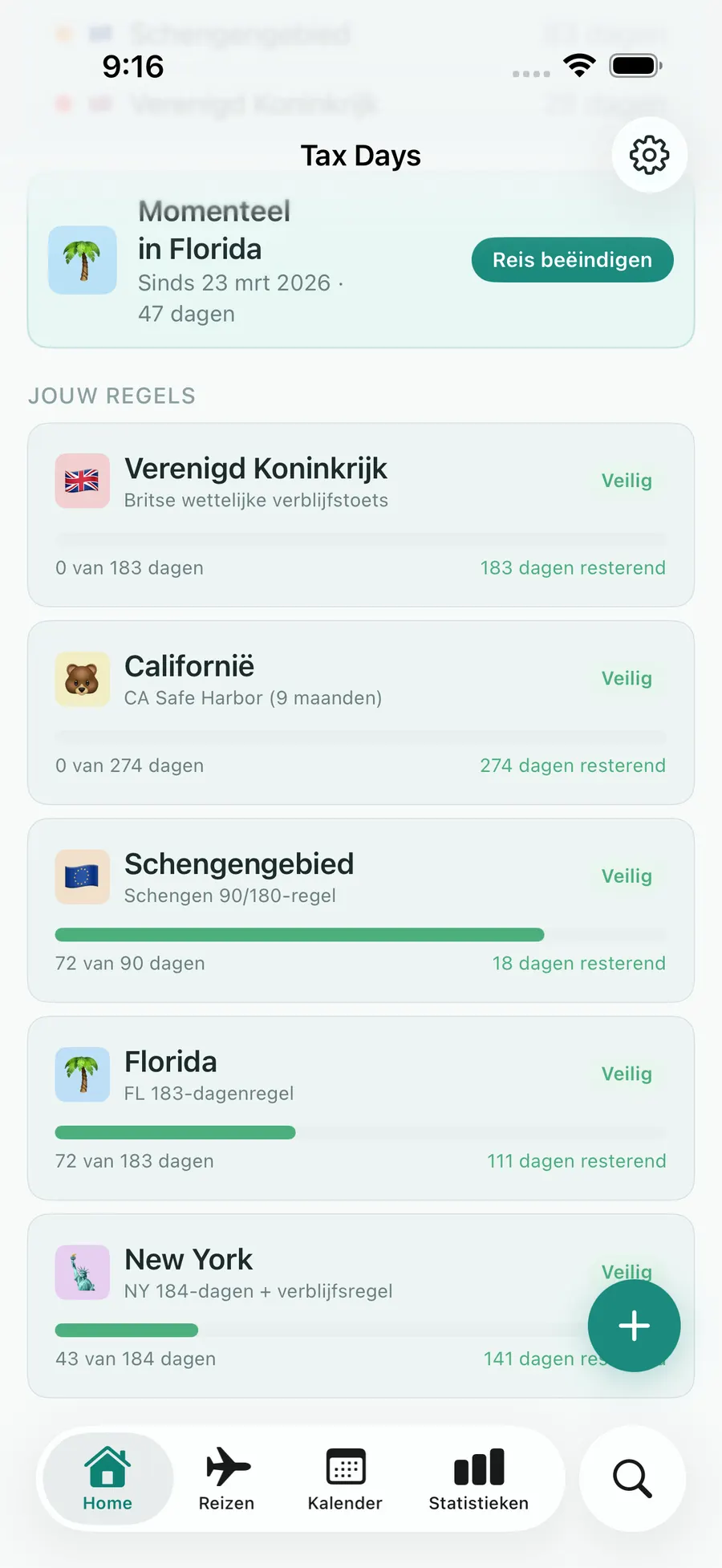 Tax Days Schengen 90/180 progress view
