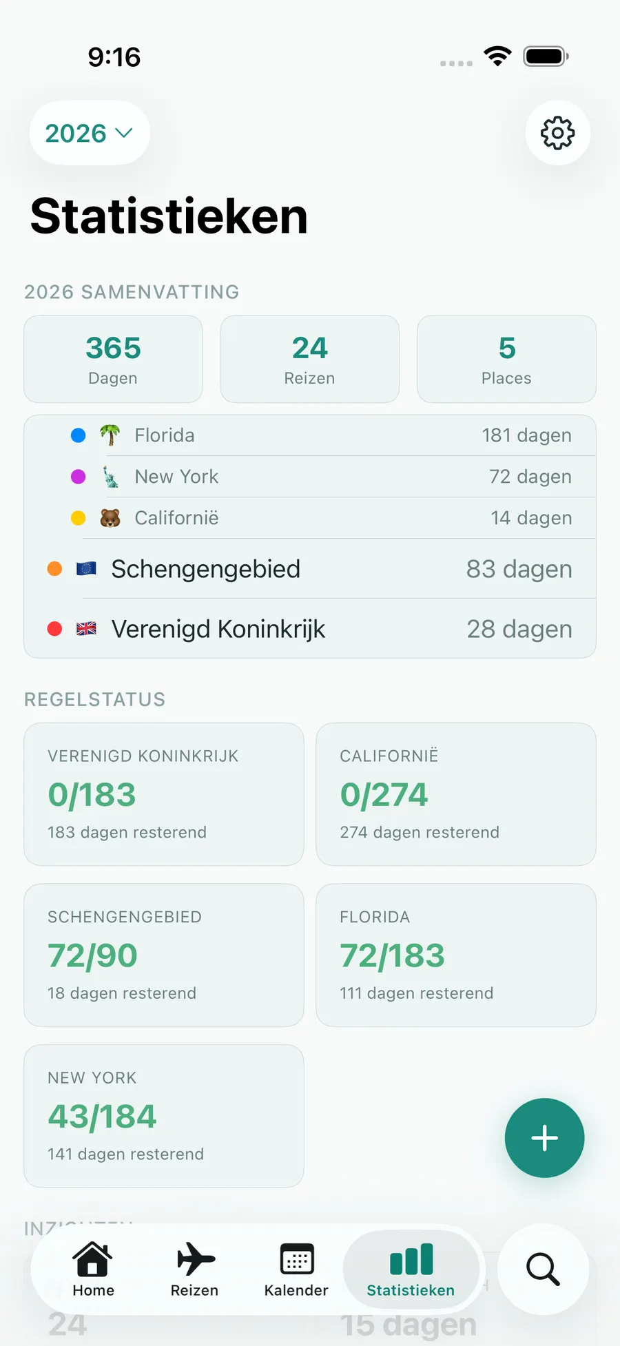 Tax Days stats screen with annual summary and per-rule status