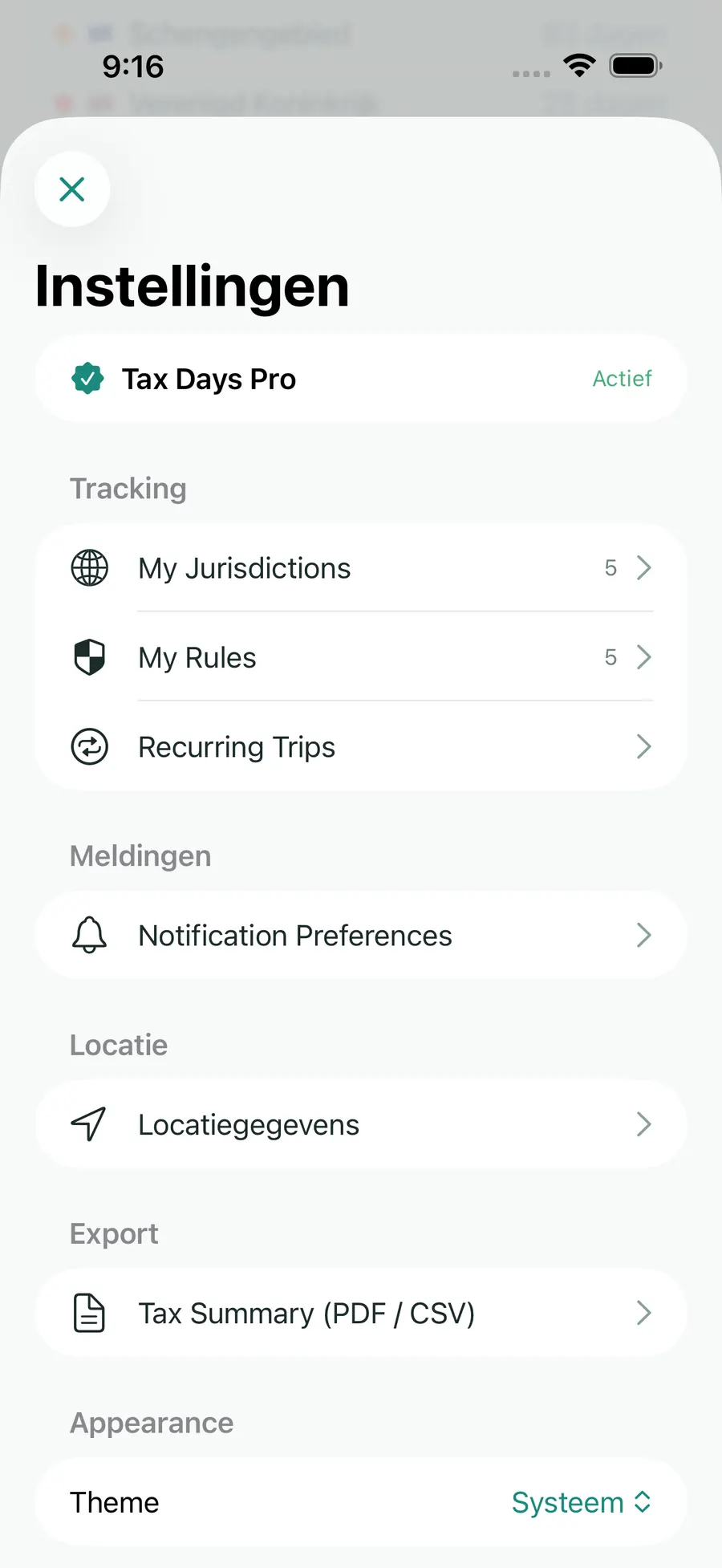 Tax Days settings screen showing supported jurisdictions and rules