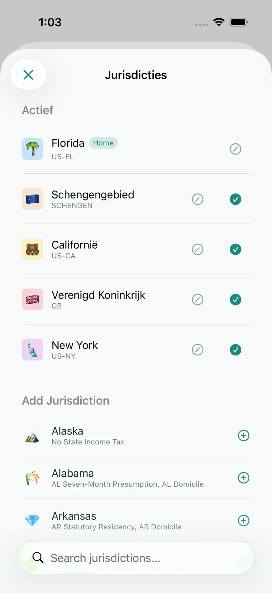 Tax Days jurisdiction picker with Florida, Schengen, the UK, California and New York active