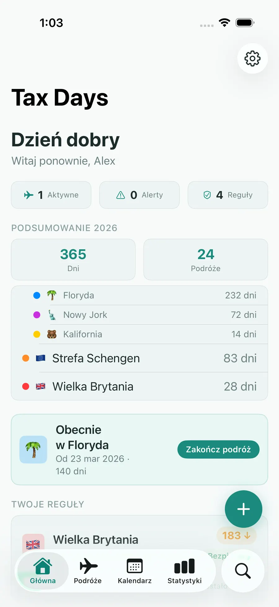 Tax Days home screen with per-jurisdiction day counts and status