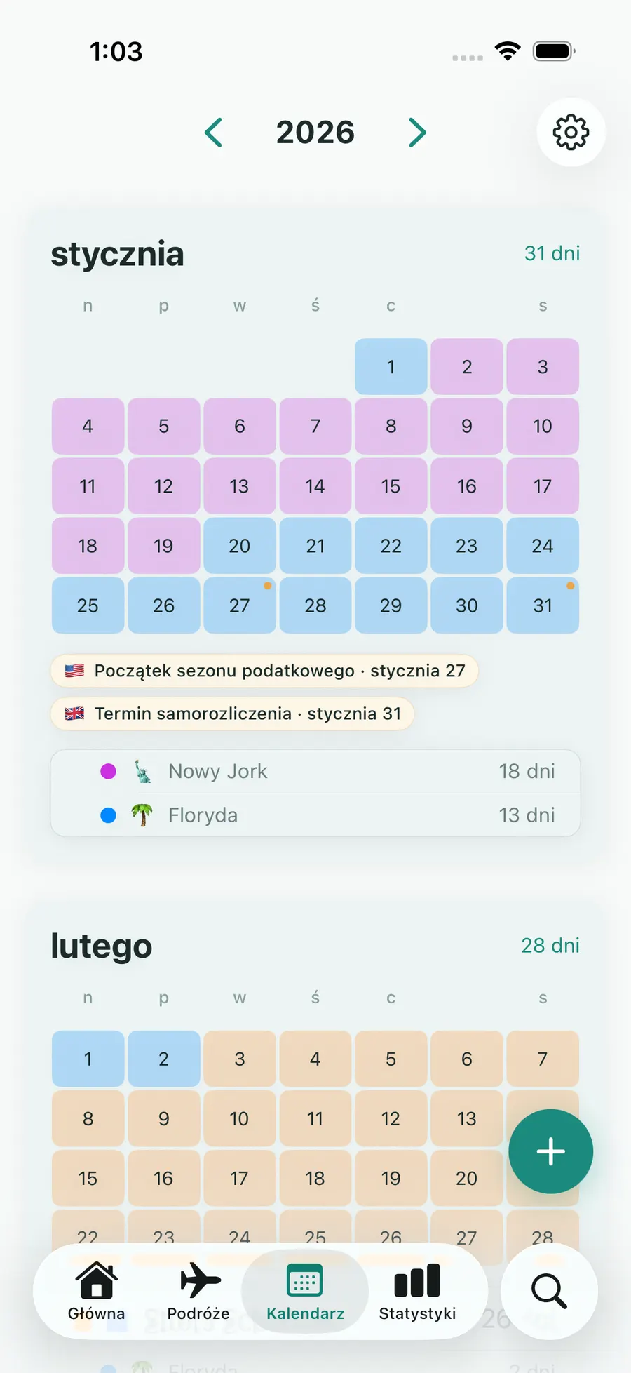 Tax Days yearly calendar with trips highlighted