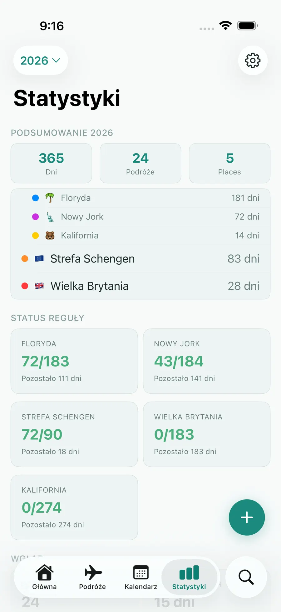 Tax Days stats screen with annual summary and per-rule status