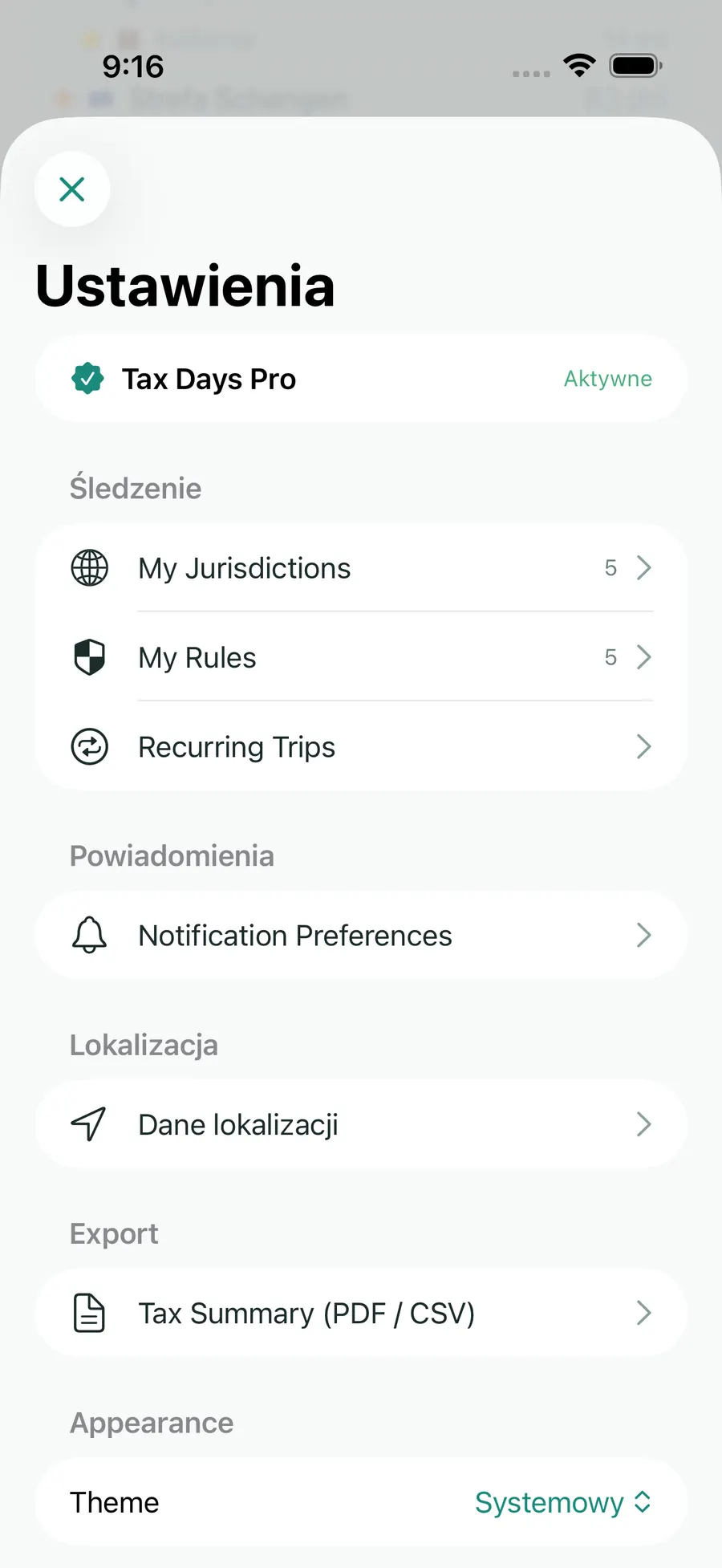 Tax Days settings screen showing supported jurisdictions and rules