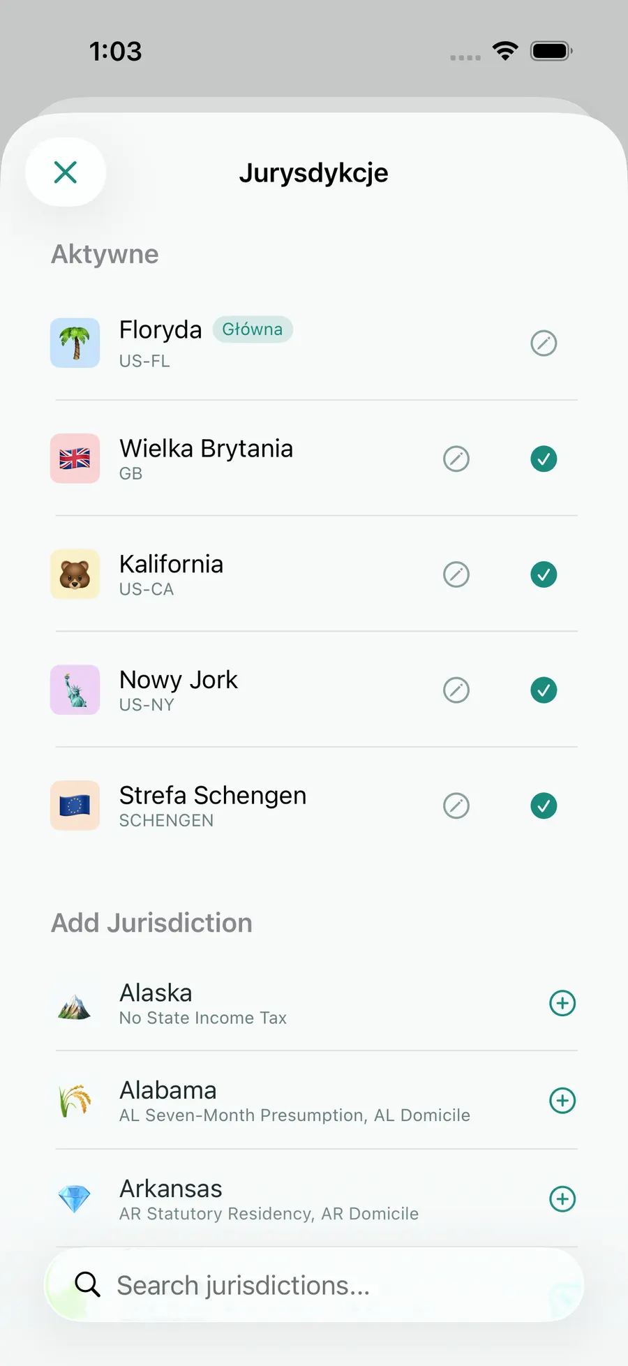 Tax Days jurisdiction picker with Florida, Schengen, the UK, California and New York active