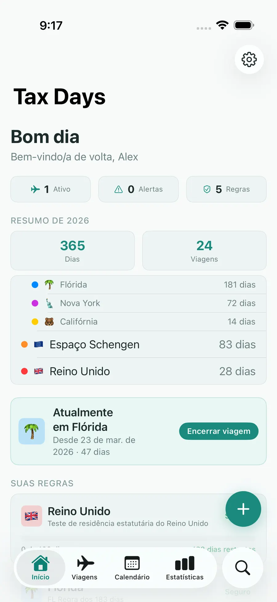 Tax Days home screen showing real-time residency status across multiple jurisdictions