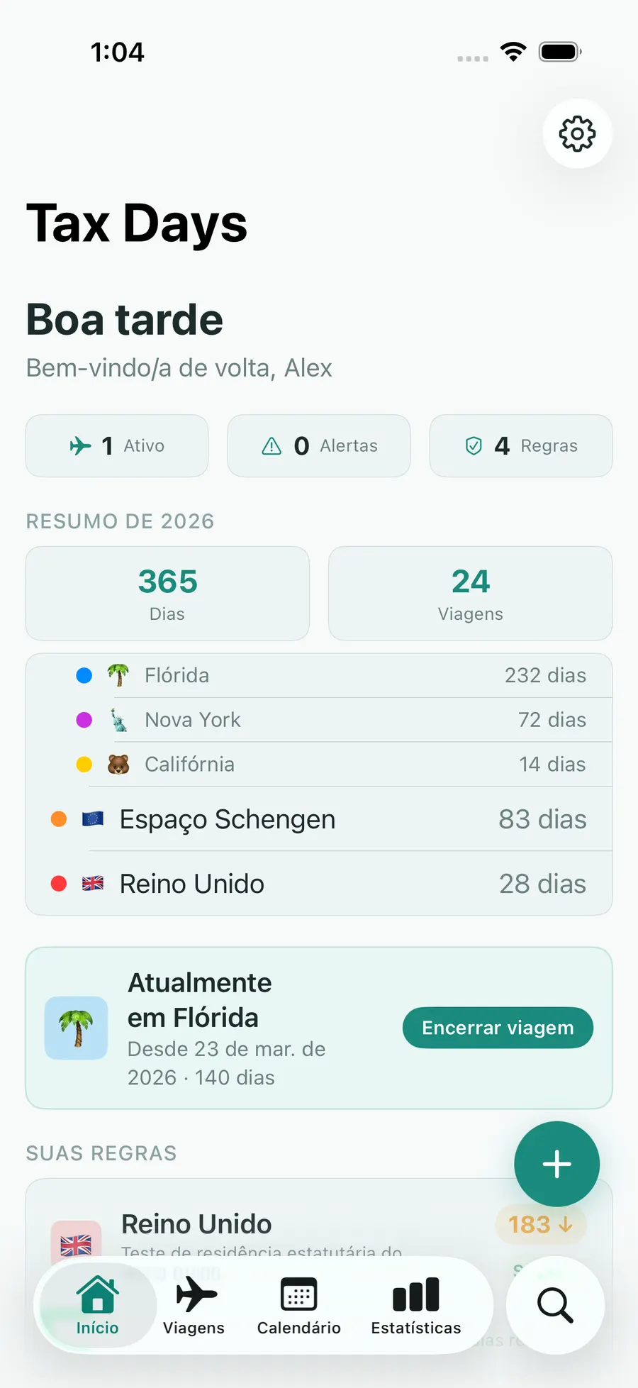 Tax Days home screen with per-jurisdiction day counts and status