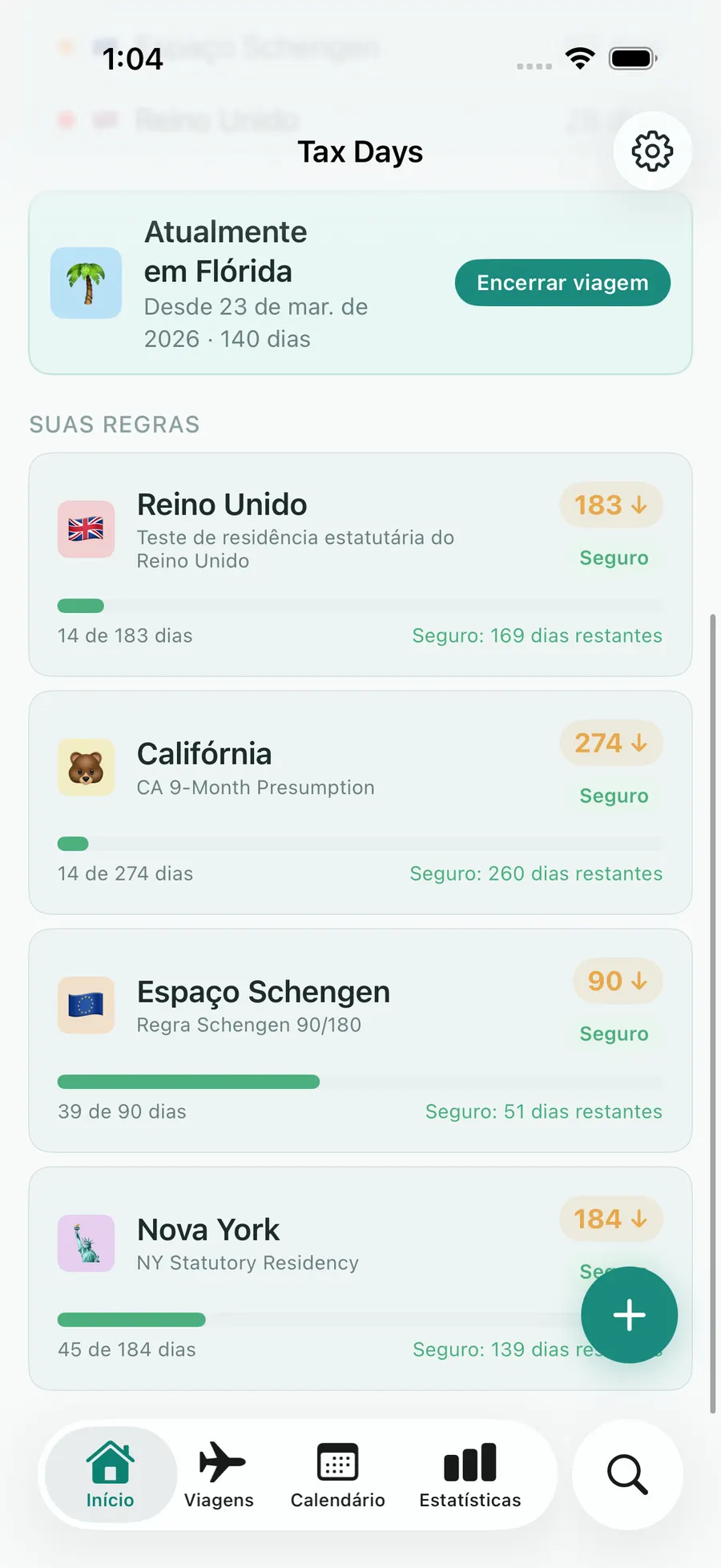 Tax Days rules list showing the Schengen 90/180 rolling-window progress