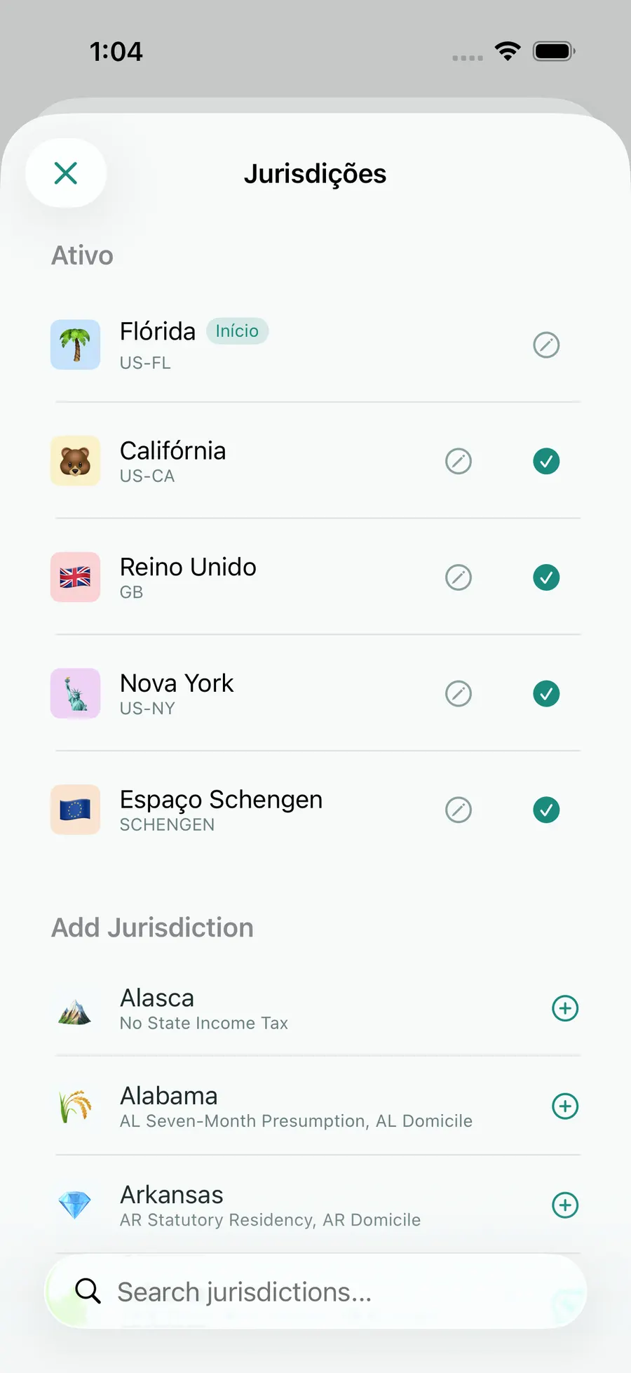 Tax Days jurisdiction picker with Florida, Schengen, the UK, California and New York active