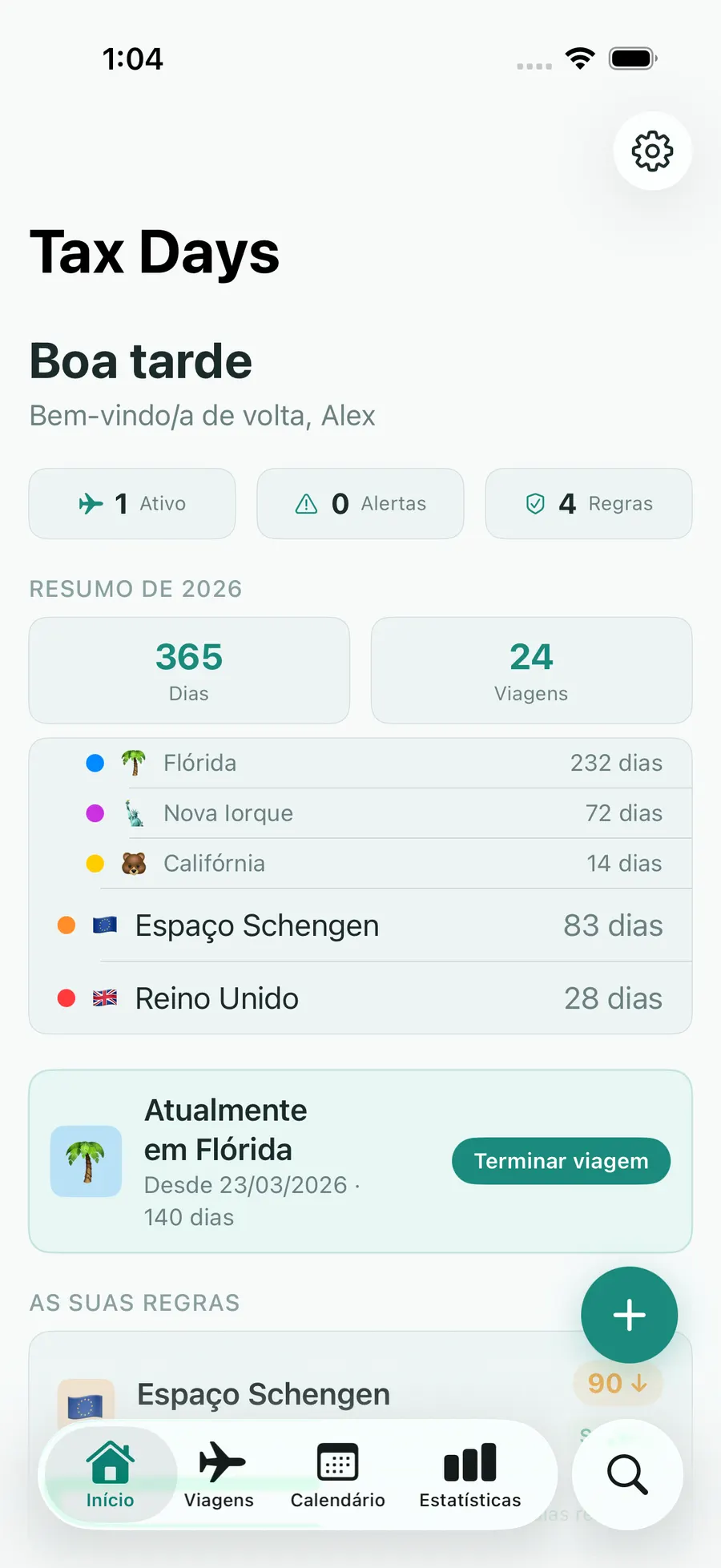 Tax Days home screen with per-jurisdiction day counts and status