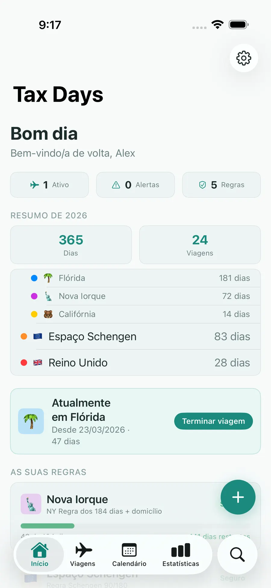Tax Days home screen showing real-time residency status across multiple jurisdictions