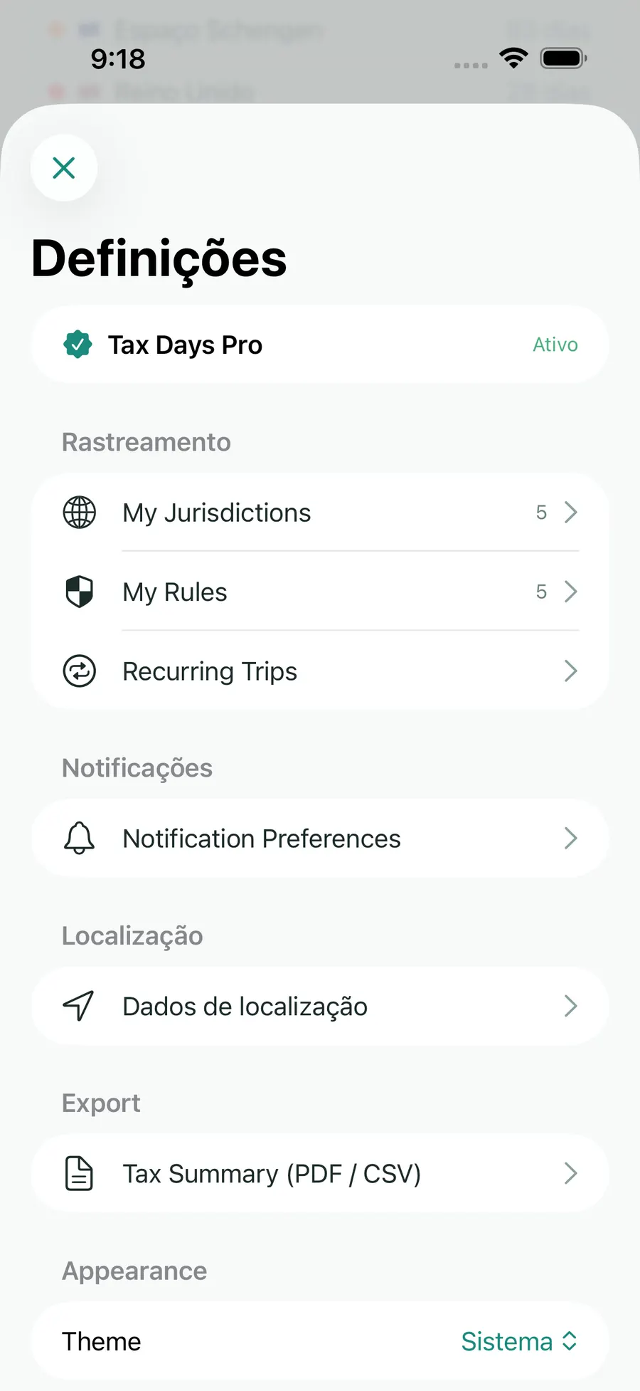 Tax Days settings screen showing supported jurisdictions and rules
