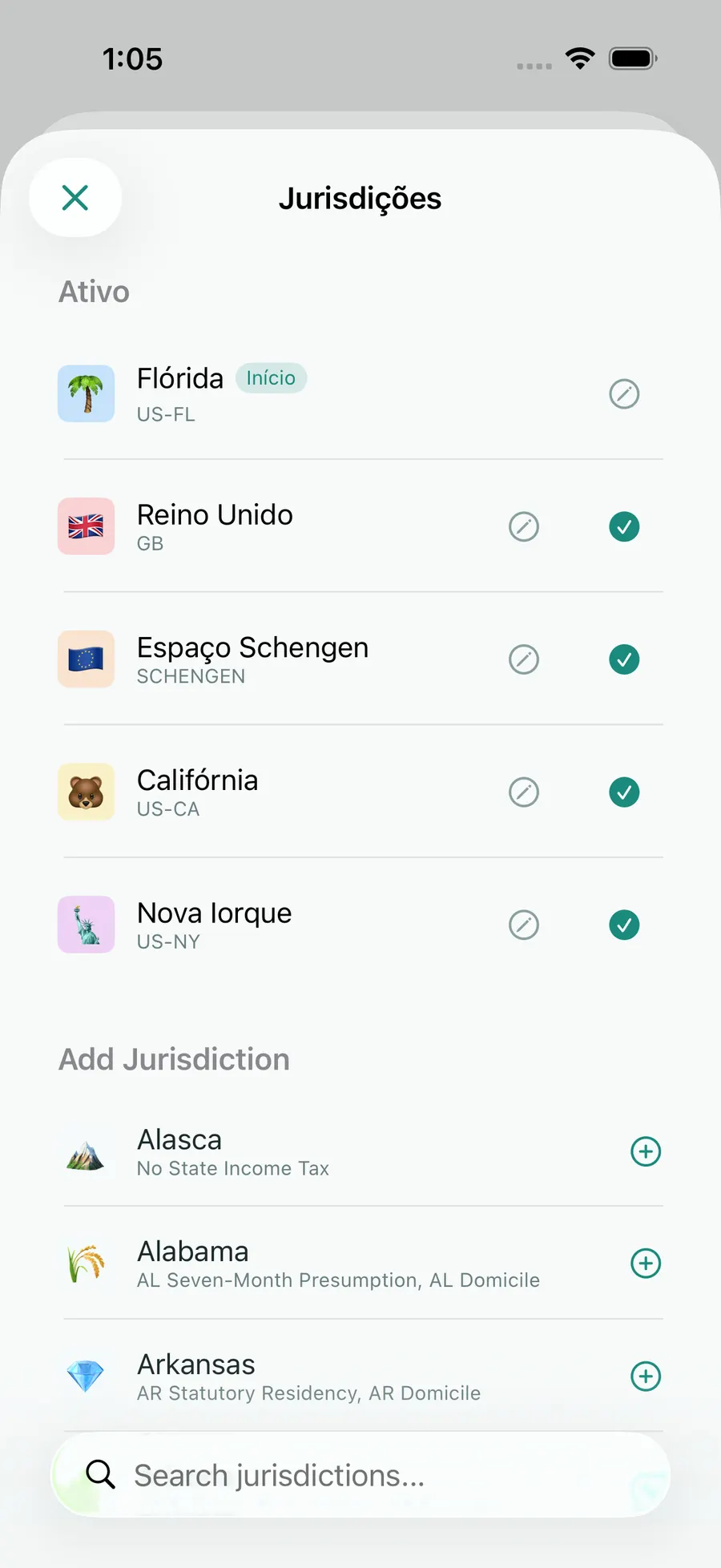 Tax Days jurisdiction picker with Florida, Schengen, the UK, California and New York active