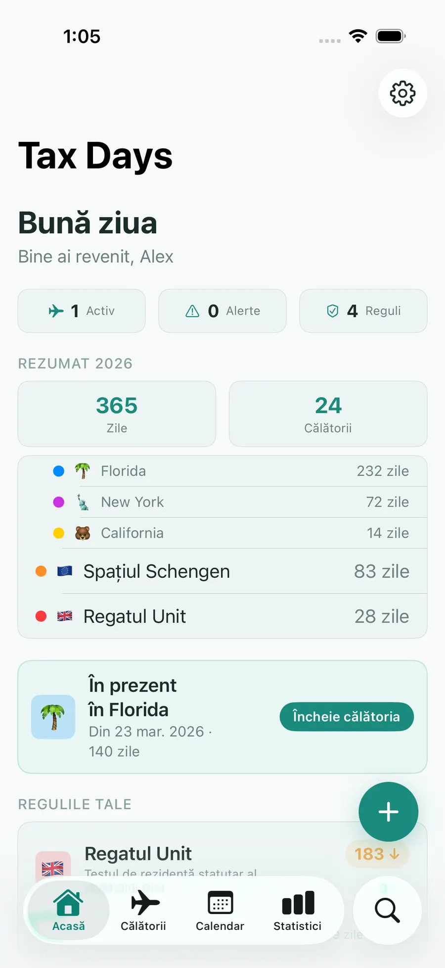 Tax Days home screen with per-jurisdiction day counts and status