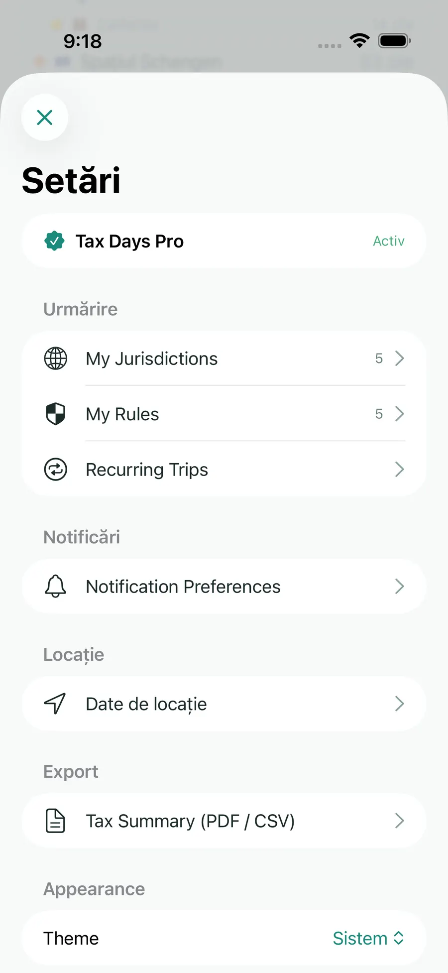 Tax Days settings screen showing supported jurisdictions and rules