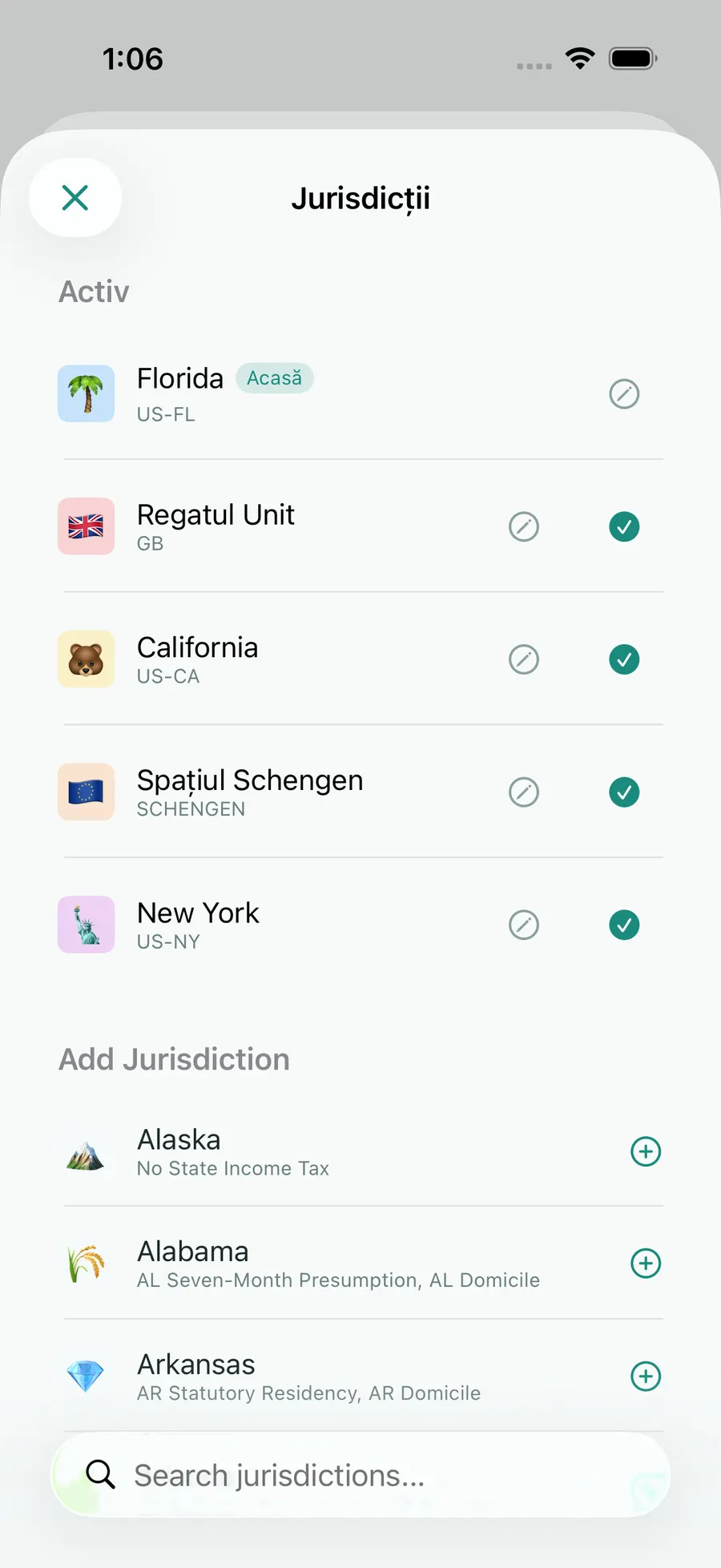 Tax Days jurisdiction picker with Florida, Schengen, the UK, California and New York active