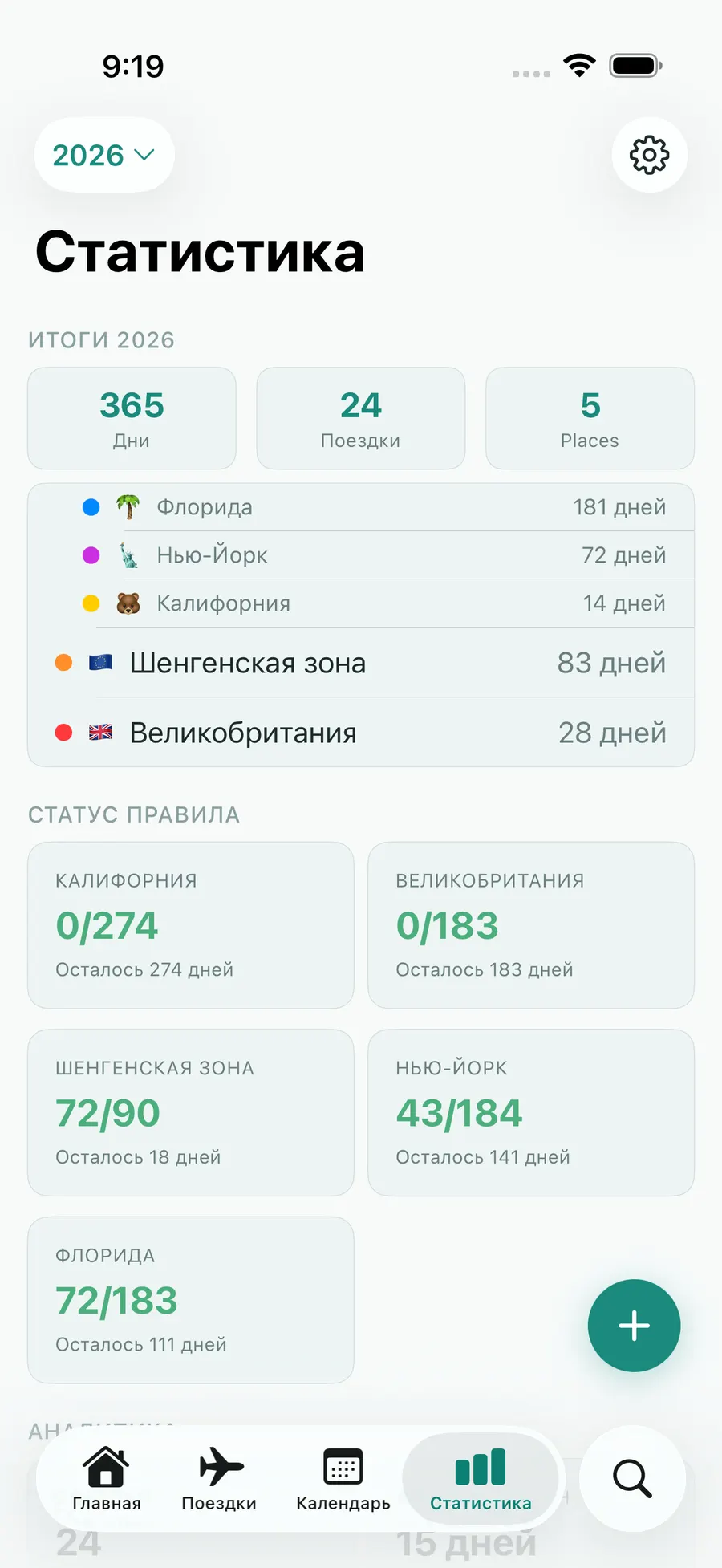Tax Days stats screen with annual summary and per-rule status
