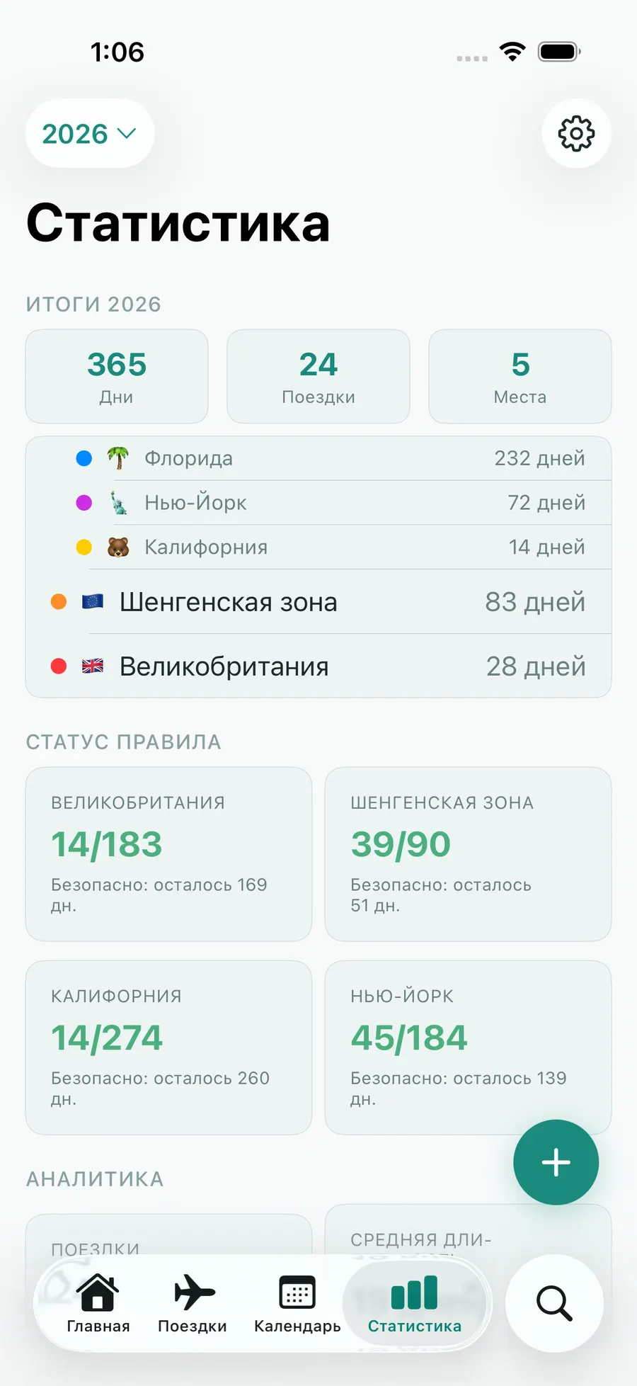 Tax Days stats screen with annual summary and per-rule status