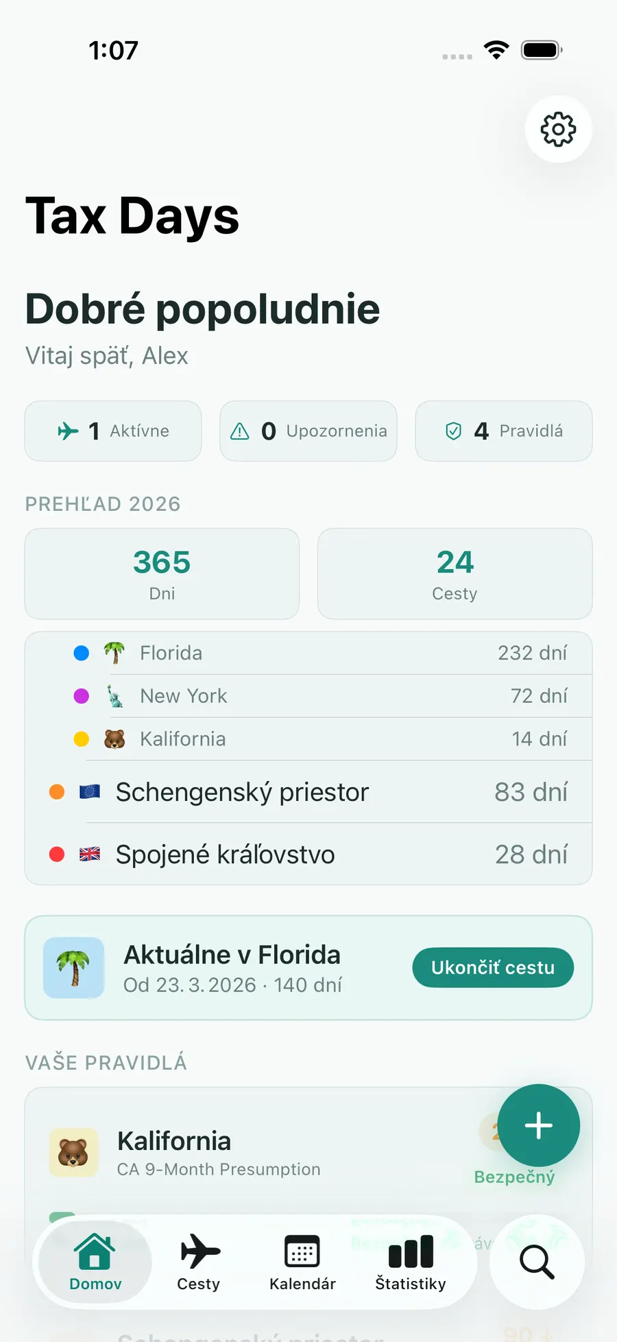 Tax Days home screen with per-jurisdiction day counts and status
