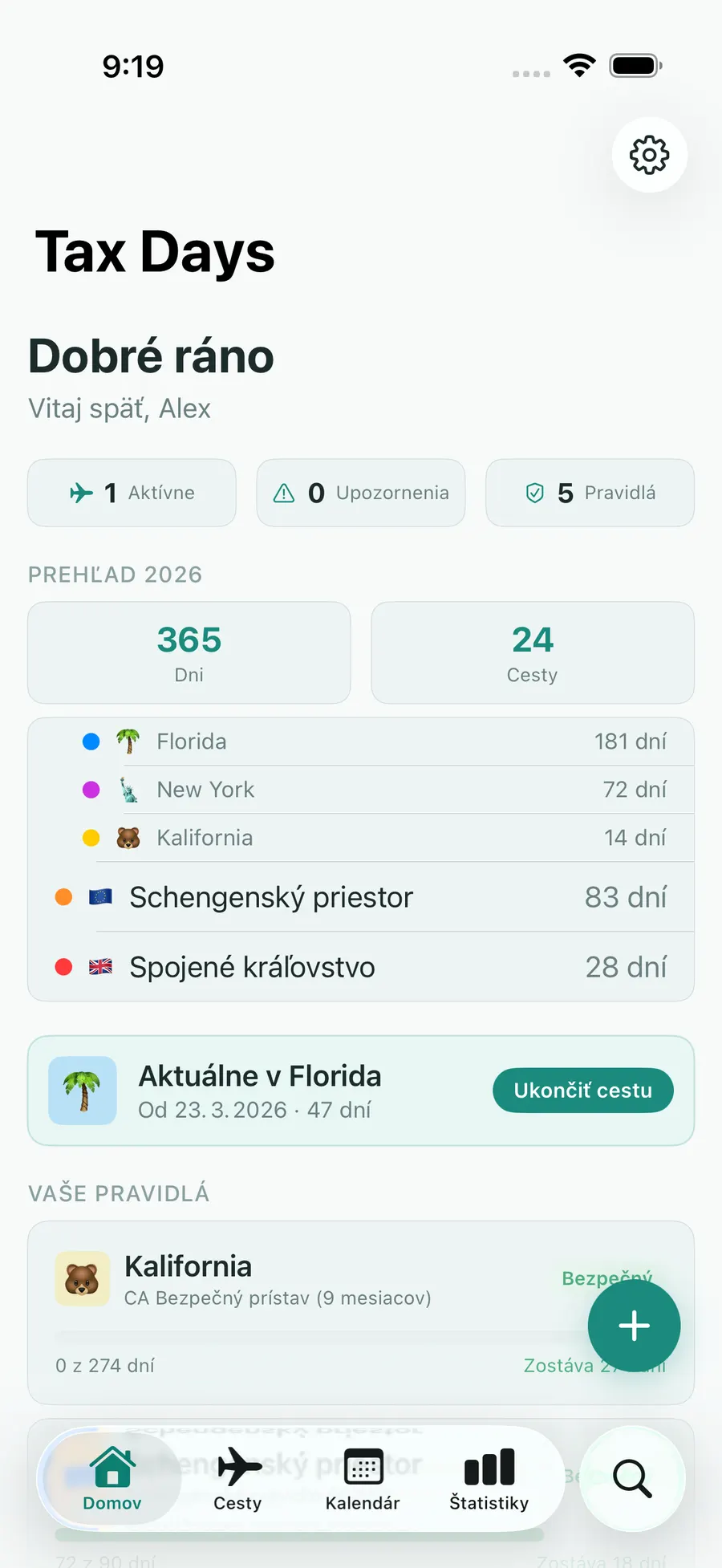 Tax Days home screen showing real-time residency status across multiple jurisdictions