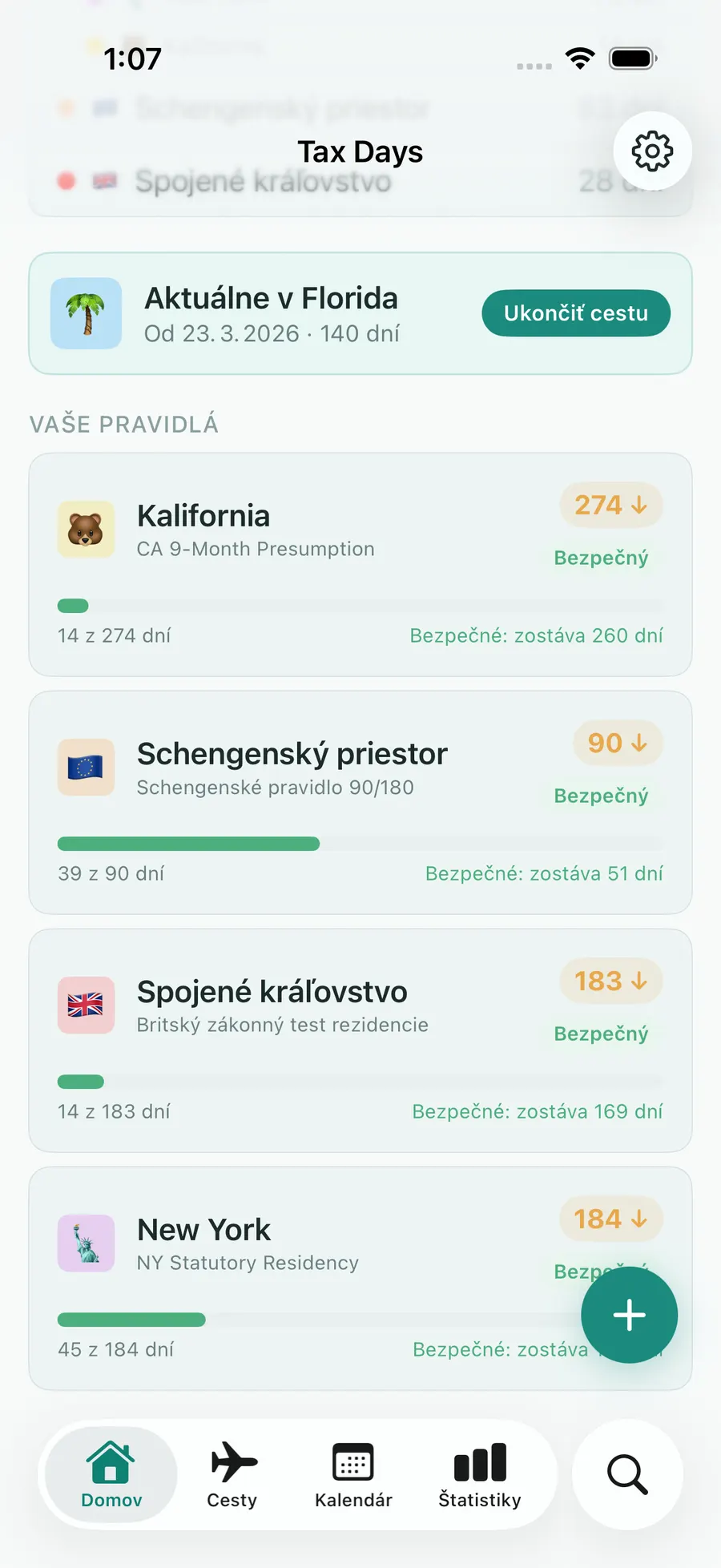 Tax Days rules list showing the Schengen 90/180 rolling-window progress