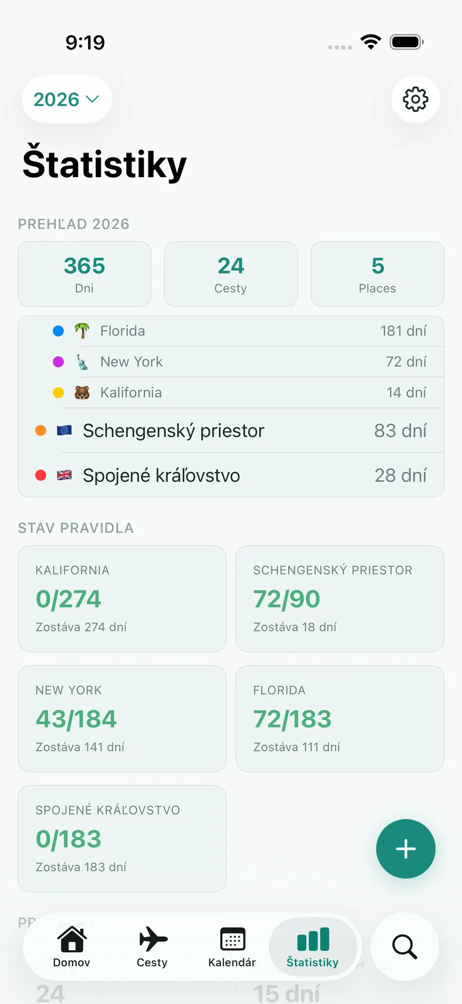 Tax Days stats screen with annual summary and per-rule status