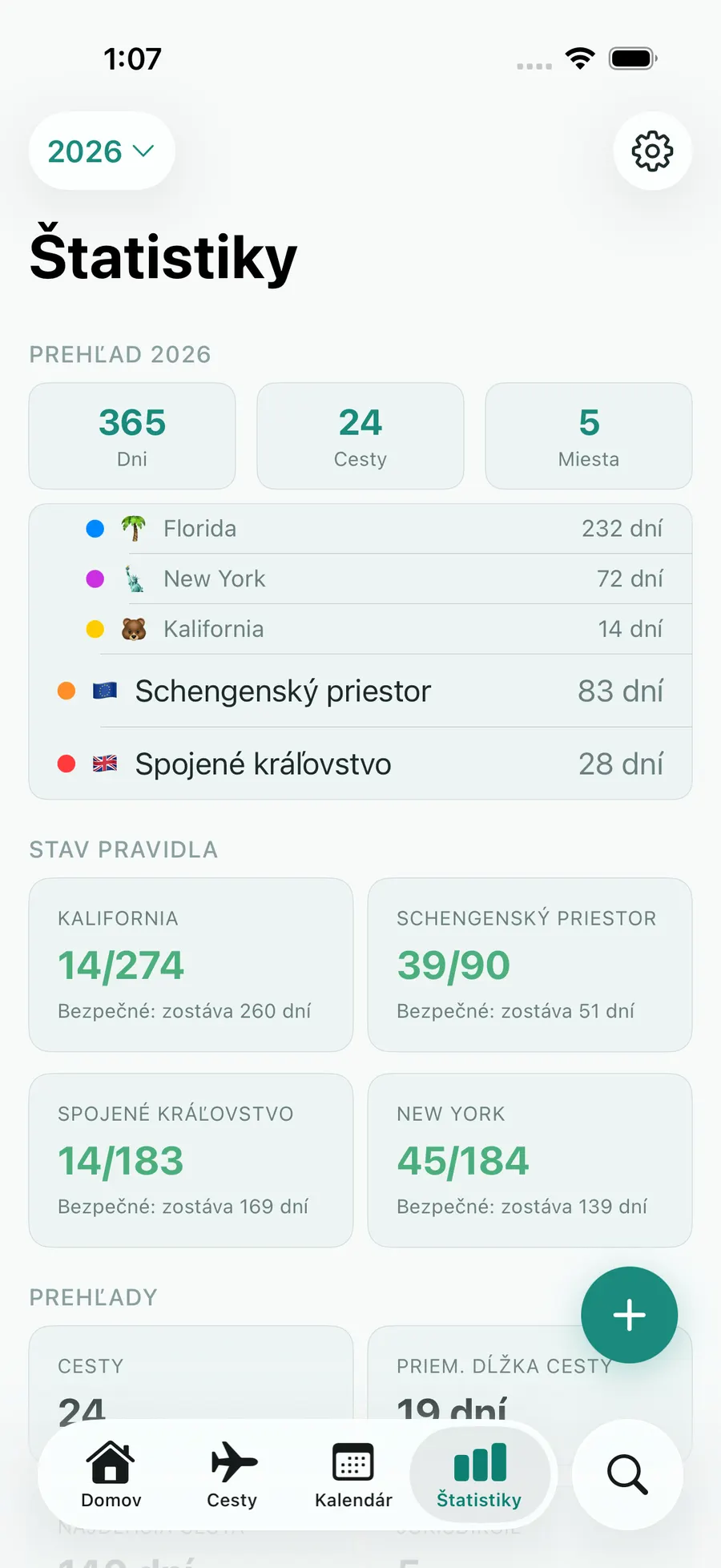 Tax Days stats screen with annual summary and per-rule status