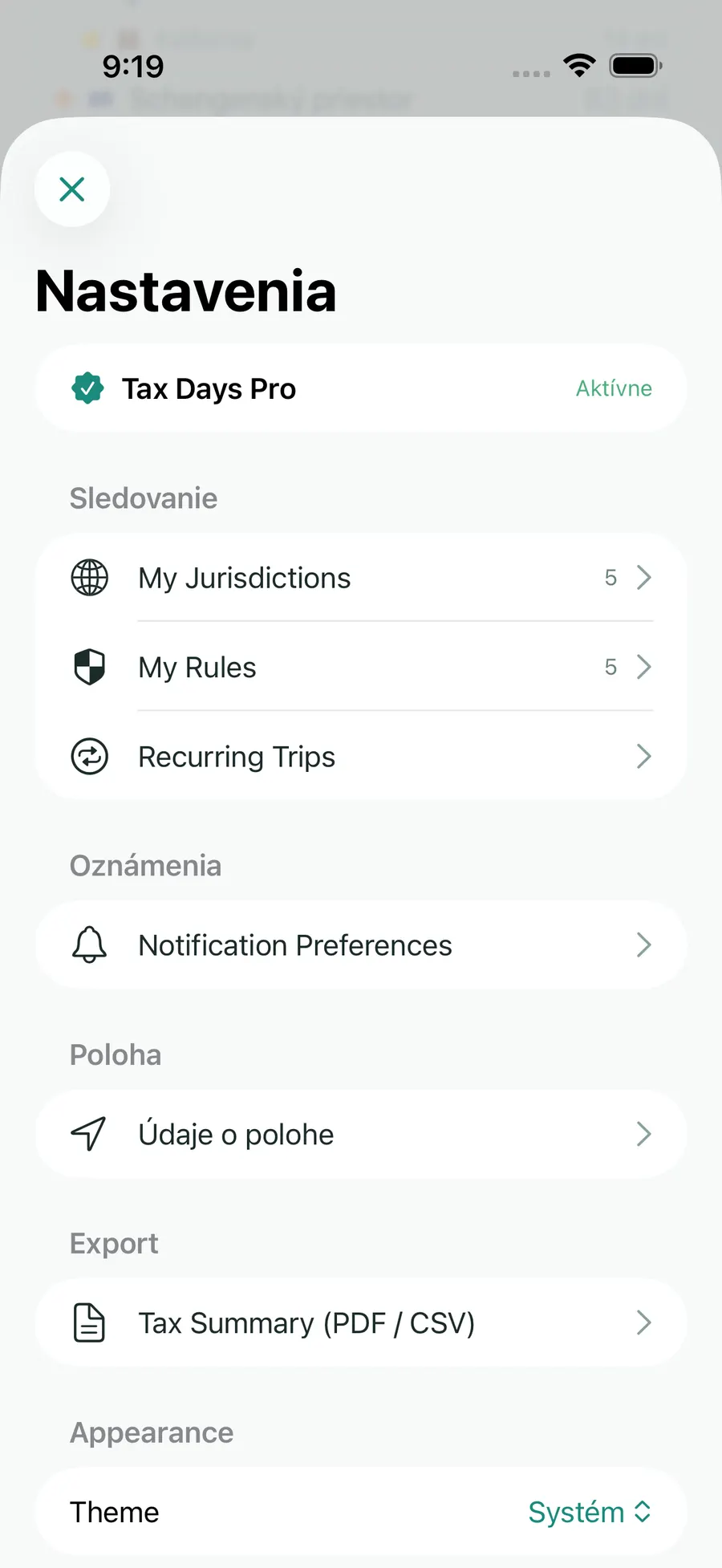 Tax Days settings screen showing supported jurisdictions and rules
