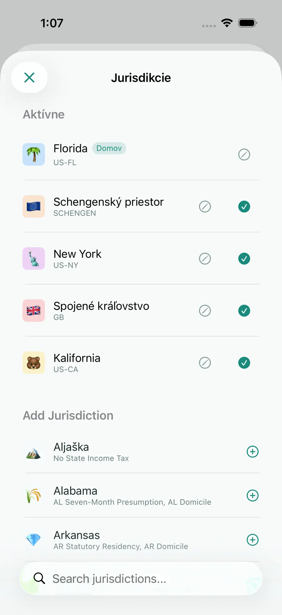Tax Days jurisdiction picker with Florida, Schengen, the UK, California and New York active