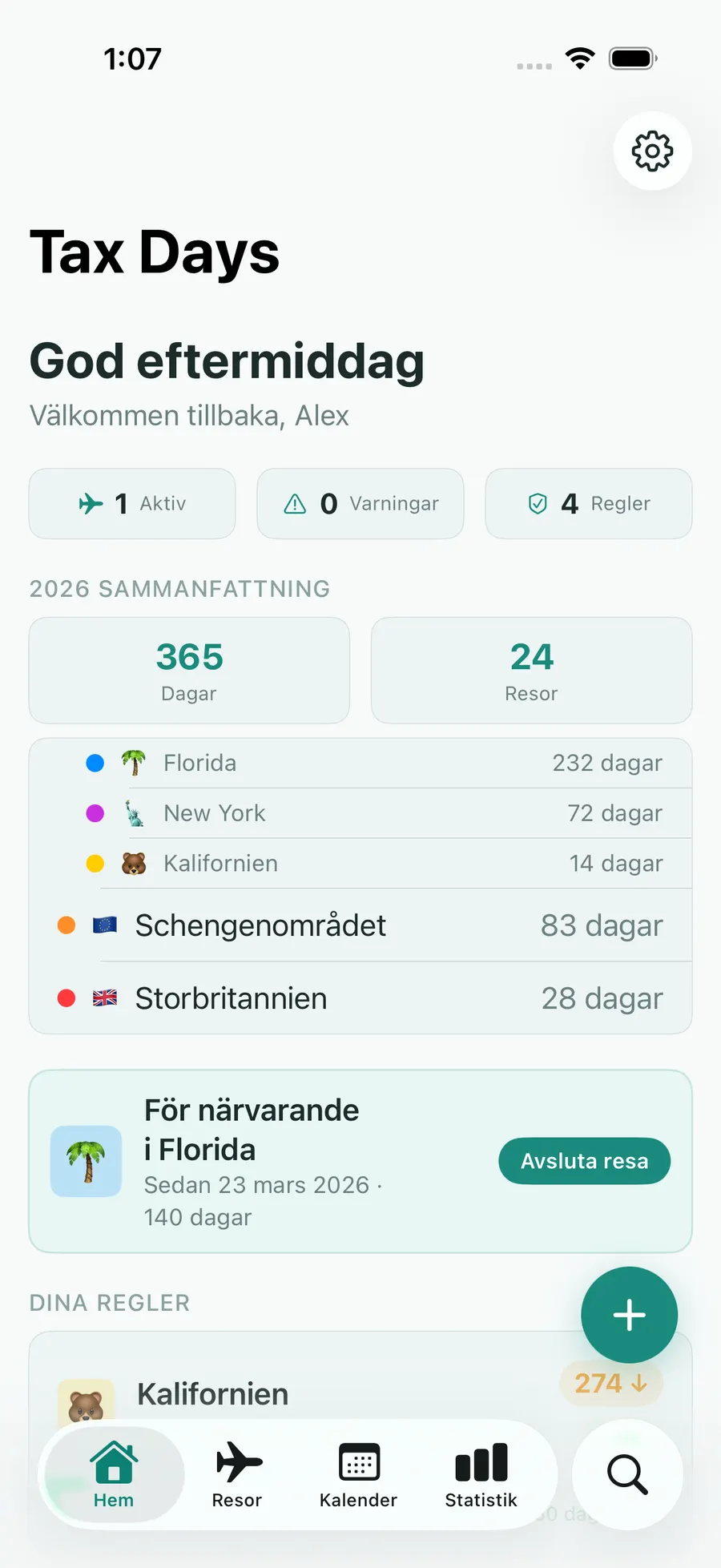 Tax Days home screen with per-jurisdiction day counts and status