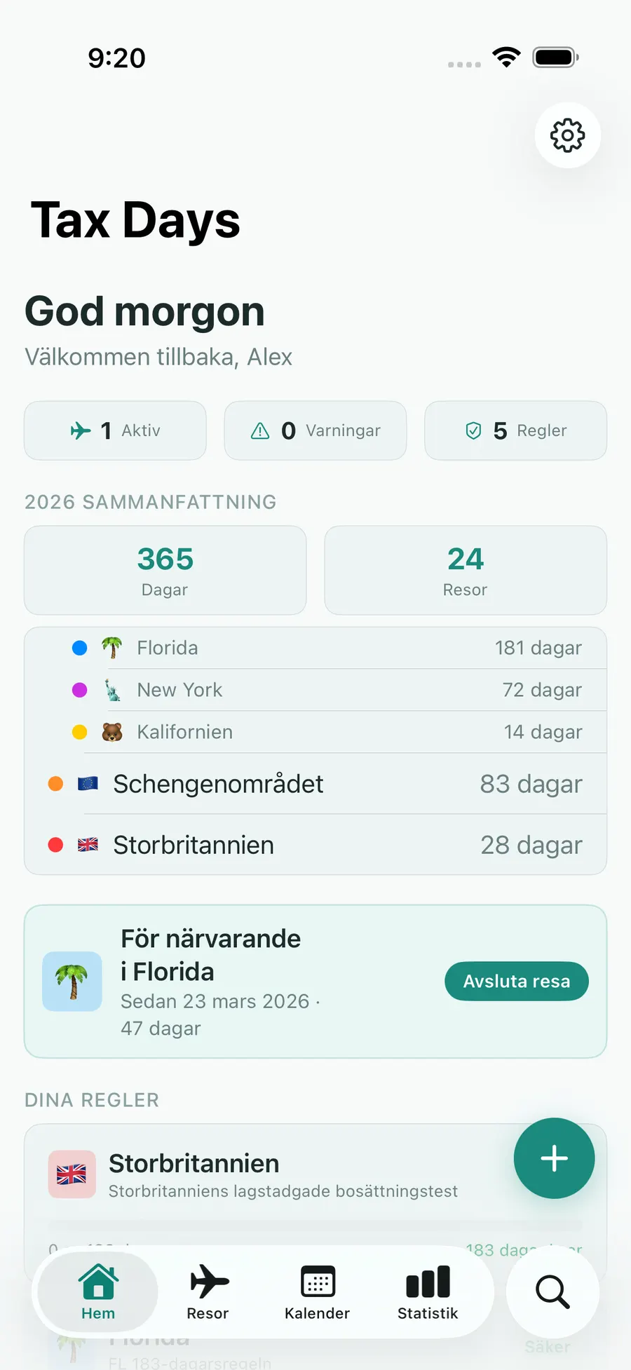 Tax Days home screen showing real-time residency status across multiple jurisdictions