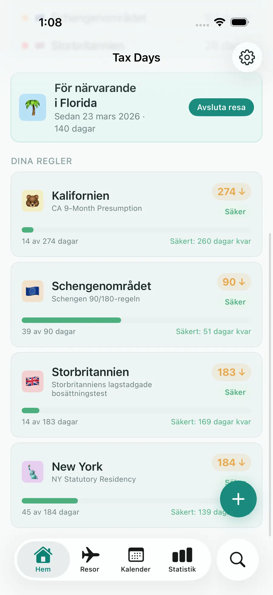 Tax Days rules list showing the Schengen 90/180 rolling-window progress