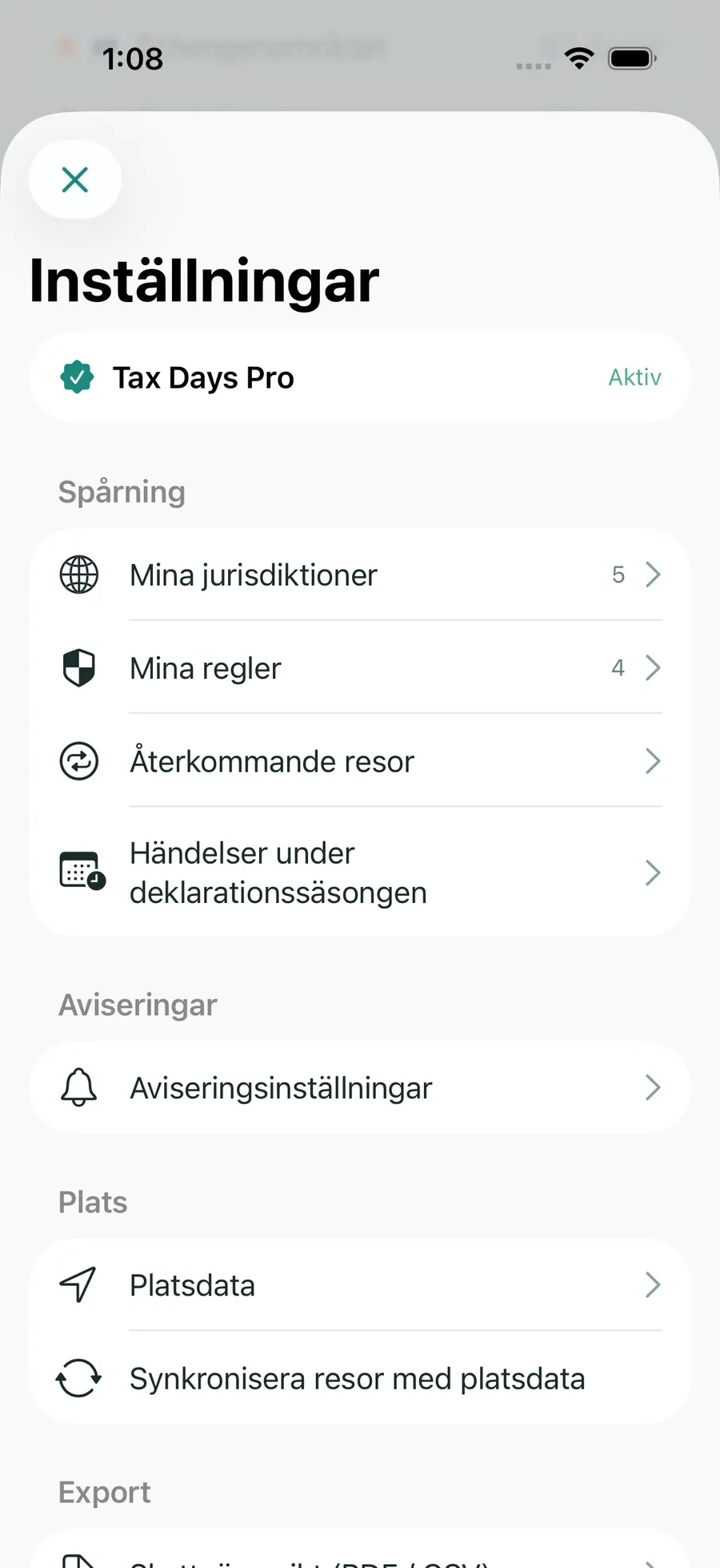 Tax Days settings showing supported jurisdictions and rules