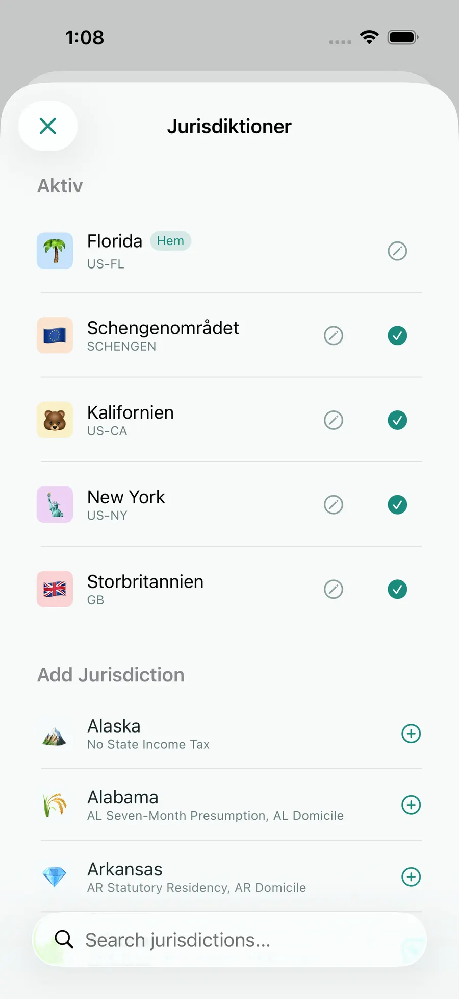 Tax Days jurisdiction picker with Florida, Schengen, the UK, California and New York active