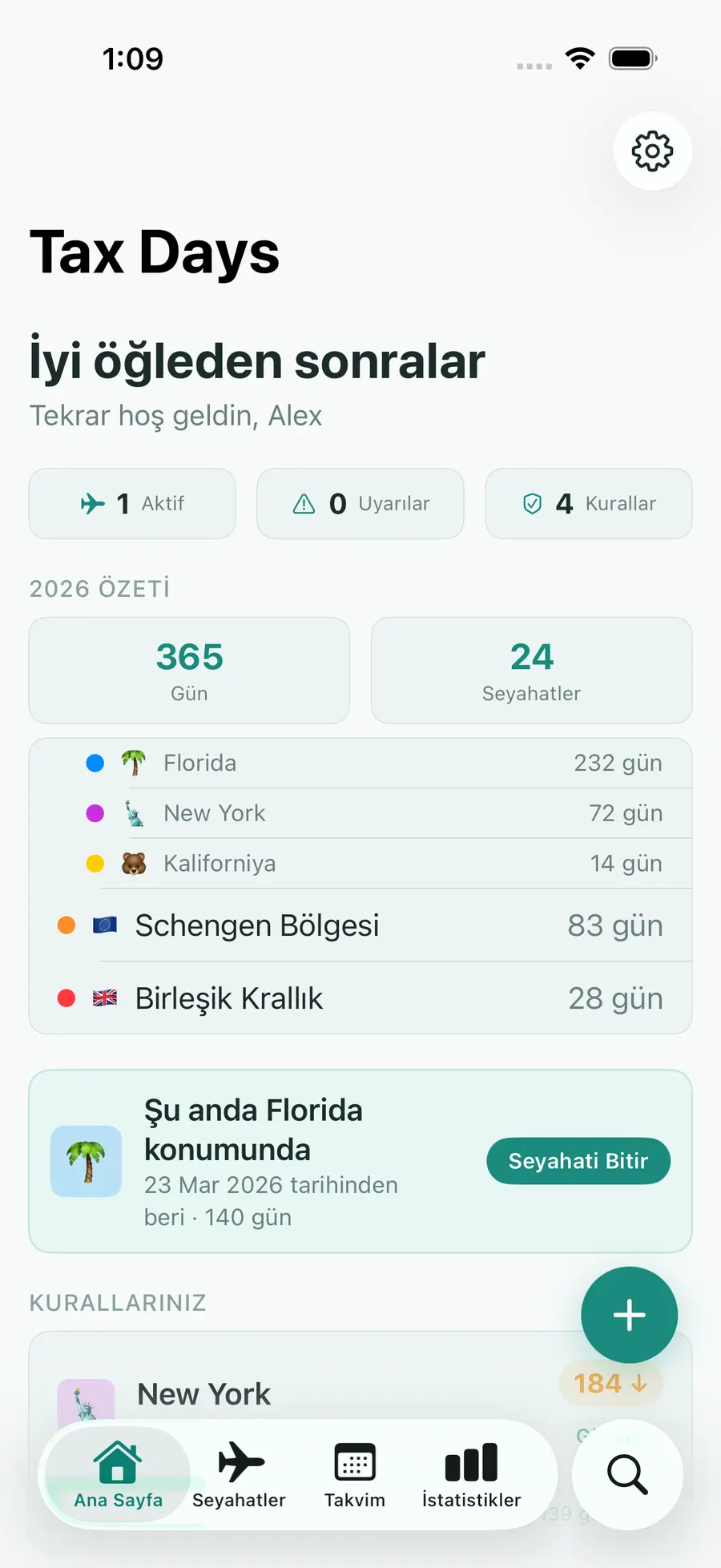 Tax Days home screen with per-jurisdiction day counts and status