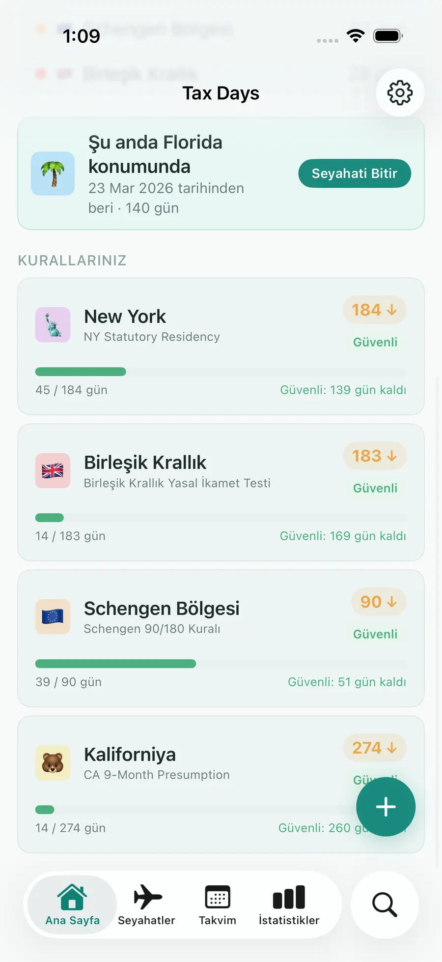Tax Days rules list showing the Schengen 90/180 rolling-window progress