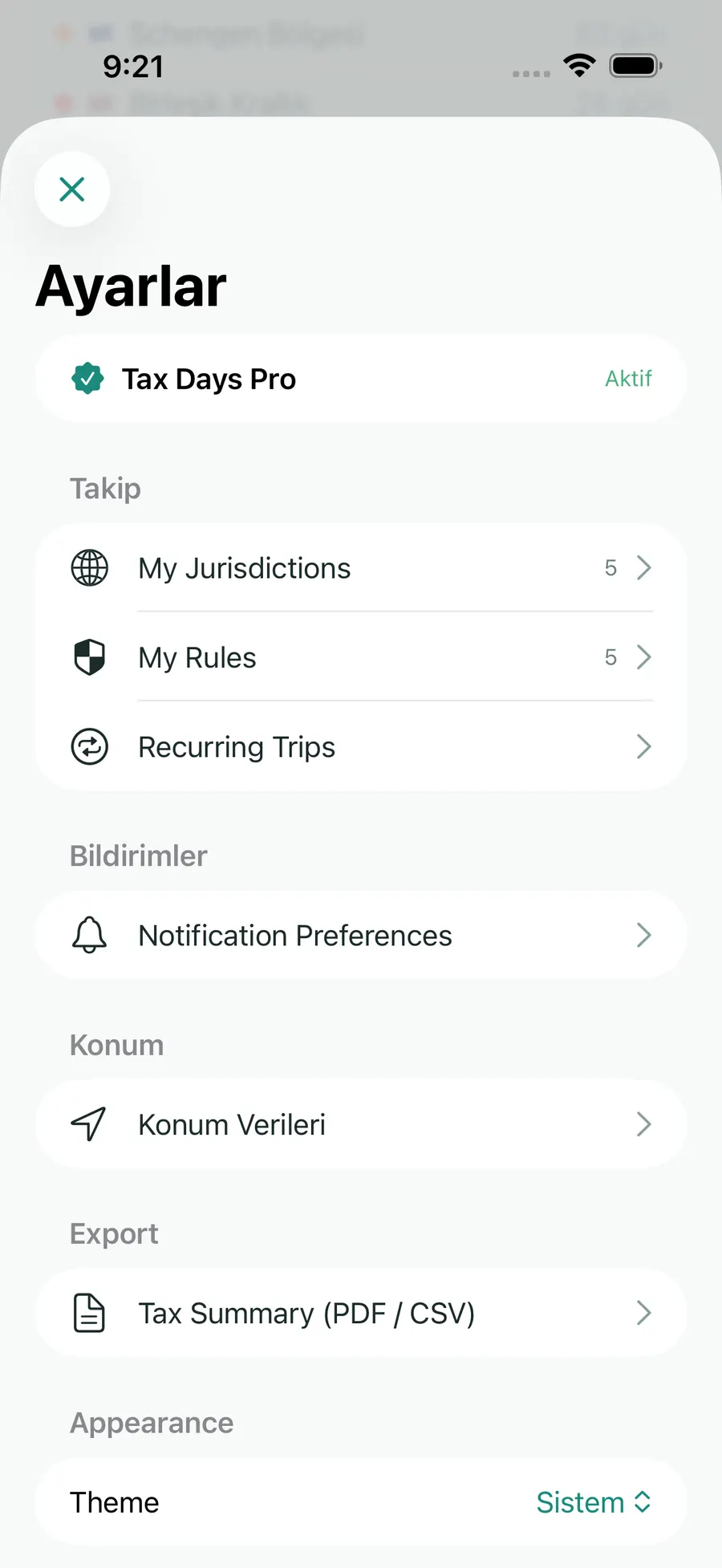 Tax Days settings screen showing supported jurisdictions and rules