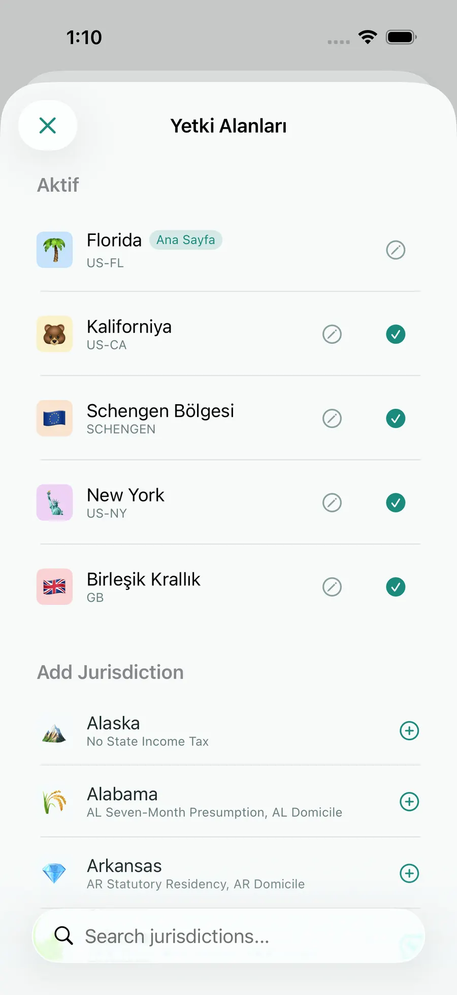 Tax Days jurisdiction picker with Florida, Schengen, the UK, California and New York active