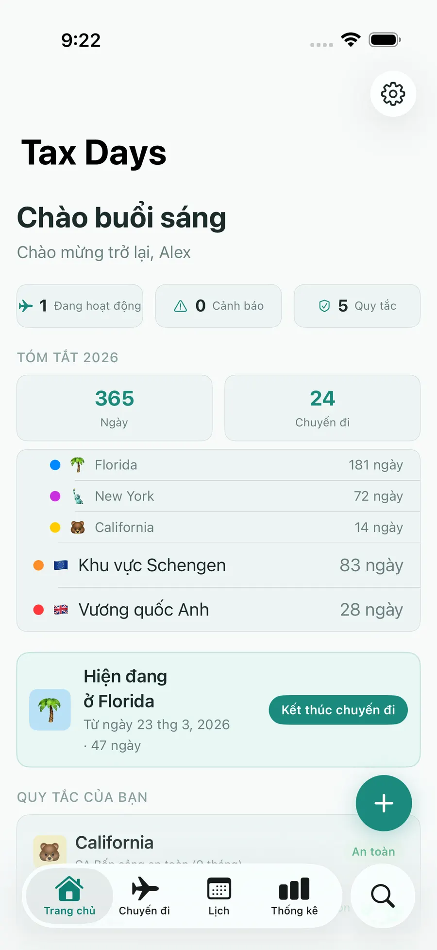 Tax Days home screen showing real-time residency status across multiple jurisdictions