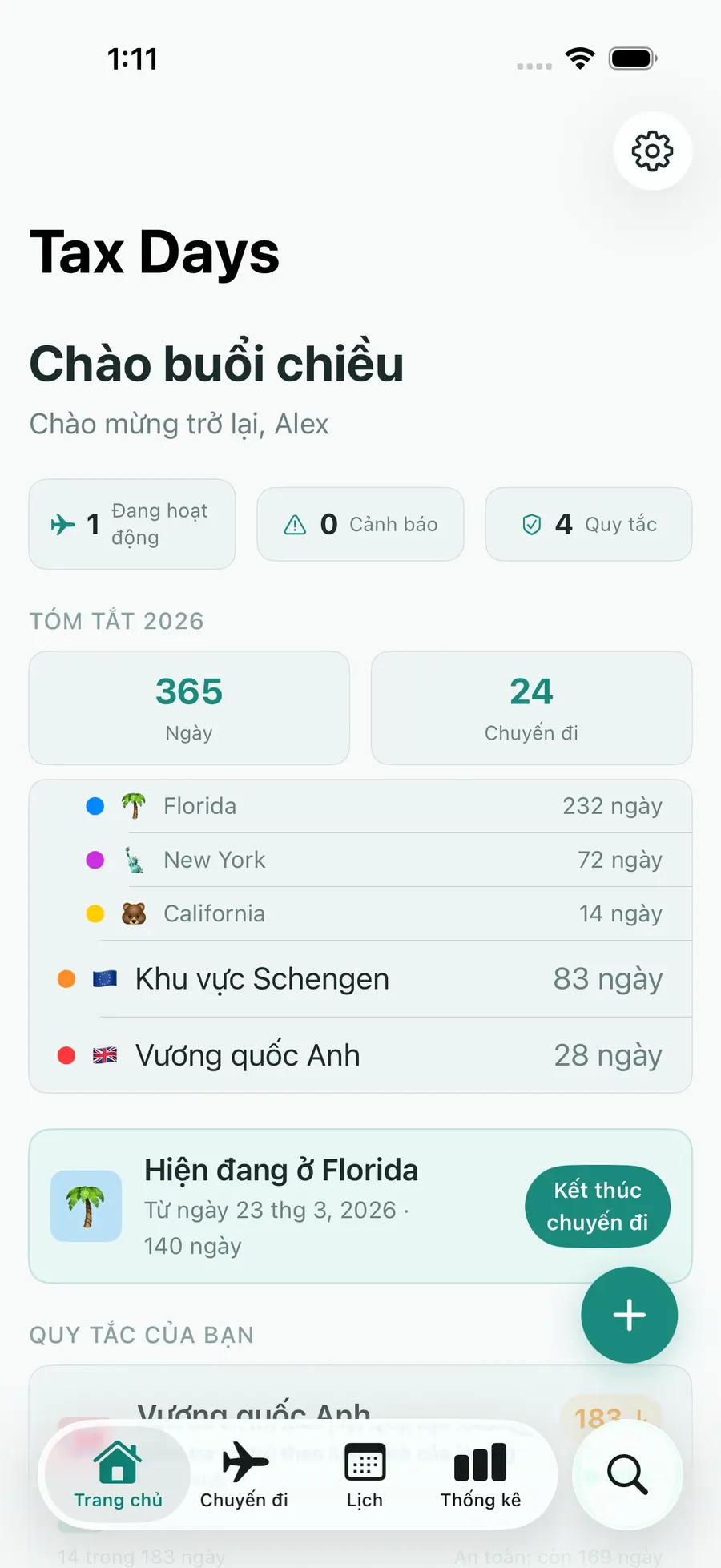 Tax Days home screen with per-jurisdiction day counts and status