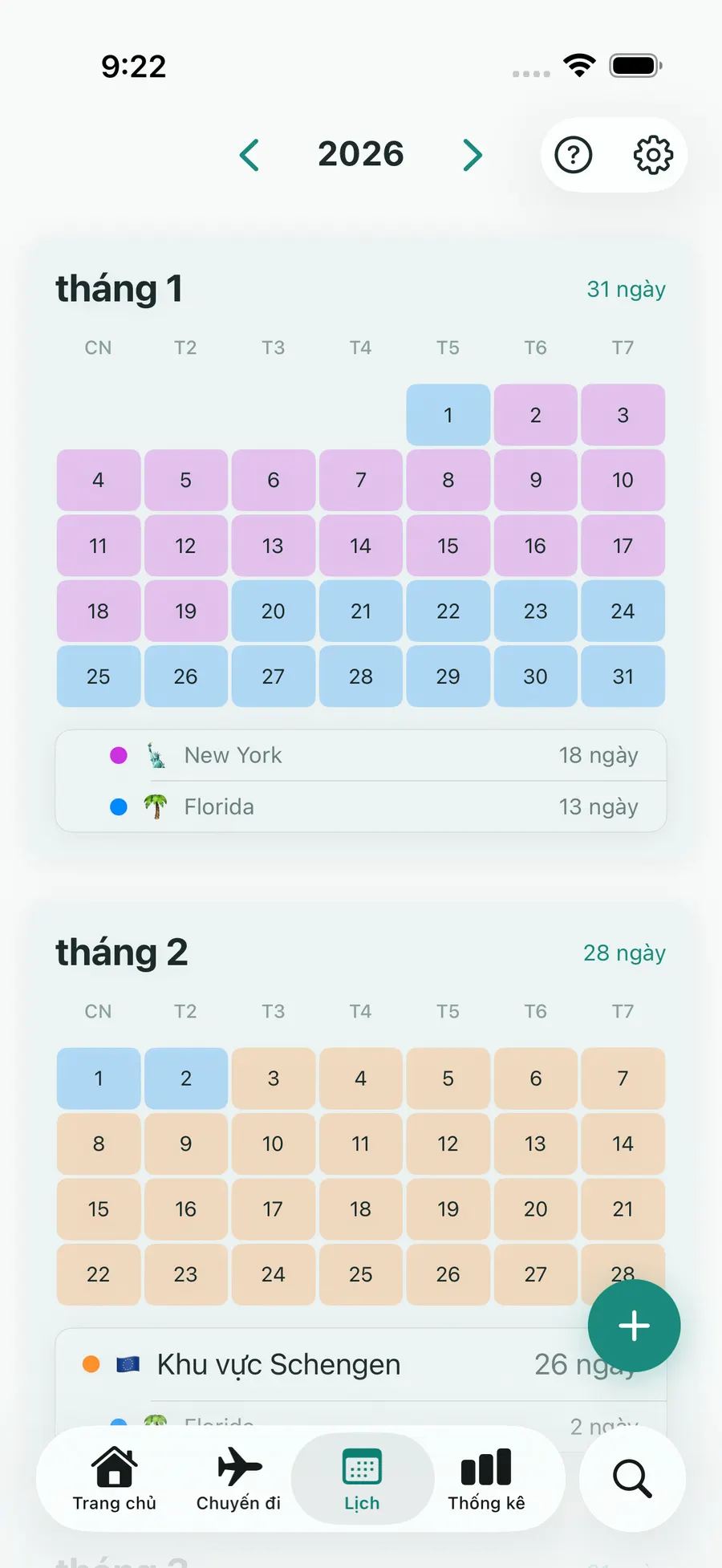 Tax Days calendar screen with trips highlighted across months