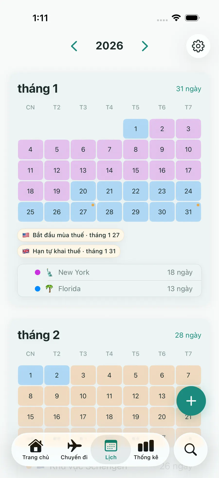 Tax Days yearly calendar with trips highlighted
