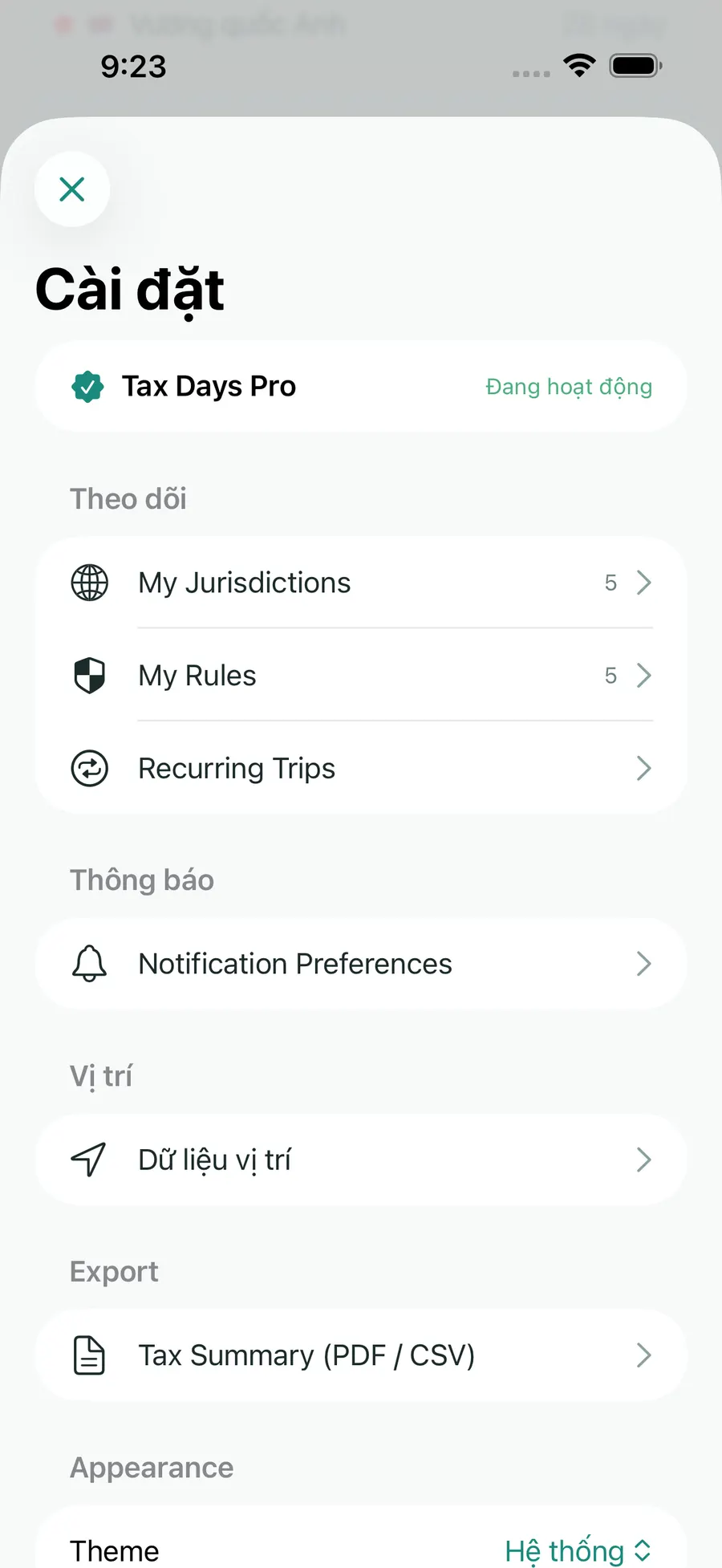 Tax Days settings screen showing supported jurisdictions and rules
