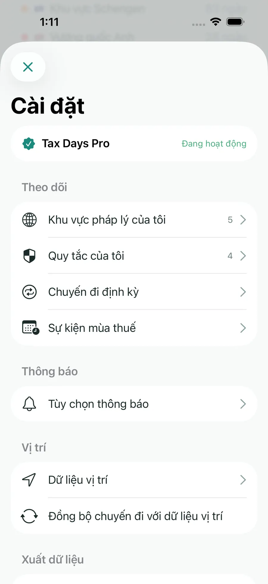 Tax Days settings showing supported jurisdictions and rules