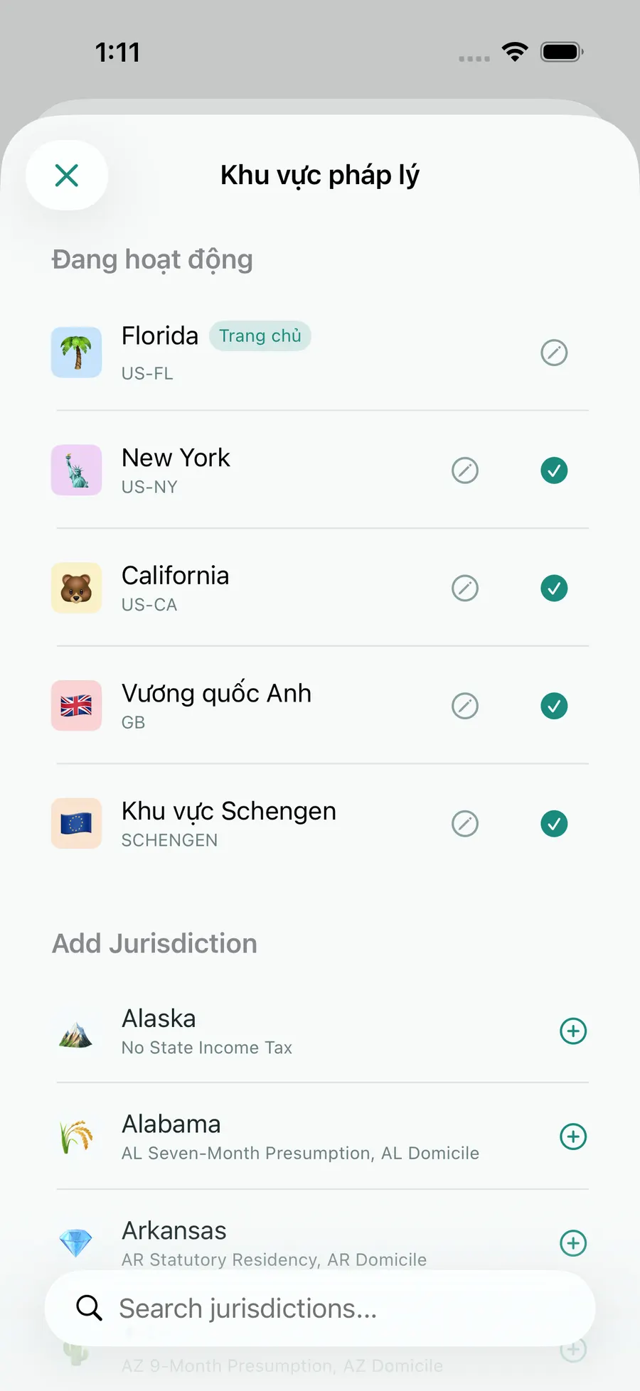 Tax Days jurisdiction picker with Florida, Schengen, the UK, California and New York active