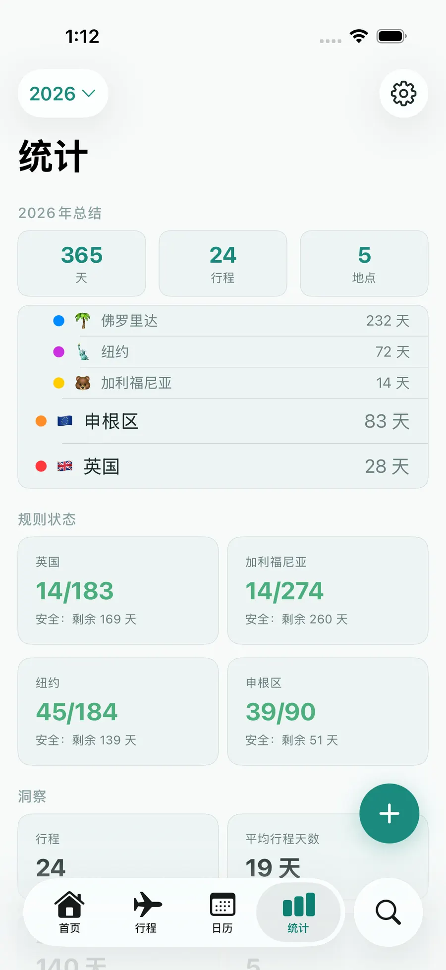 Tax Days stats screen with annual summary and per-rule status
